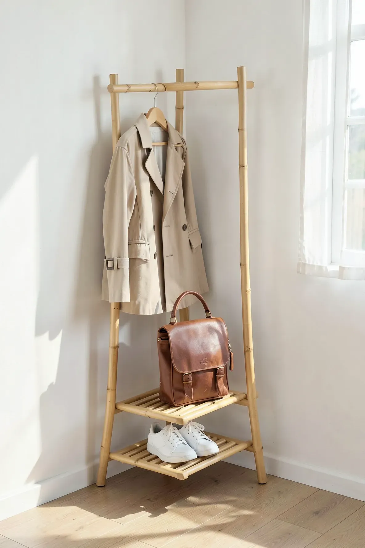 A slim bamboo corner rack with a hanging coat and shoes in a bright minimalist bedroom.