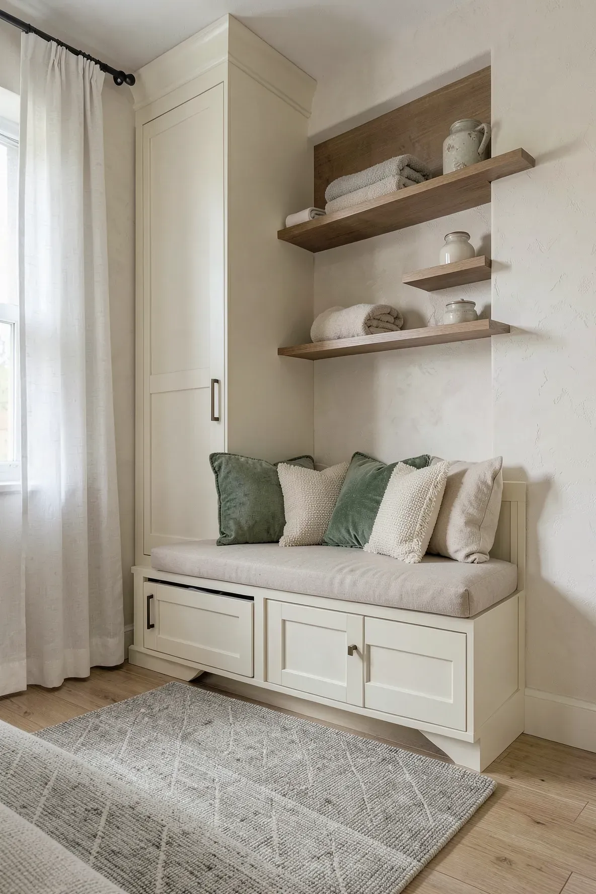 A custom white built-in corner bench with a linen cushion and overhead shelving in a bright bedroom.