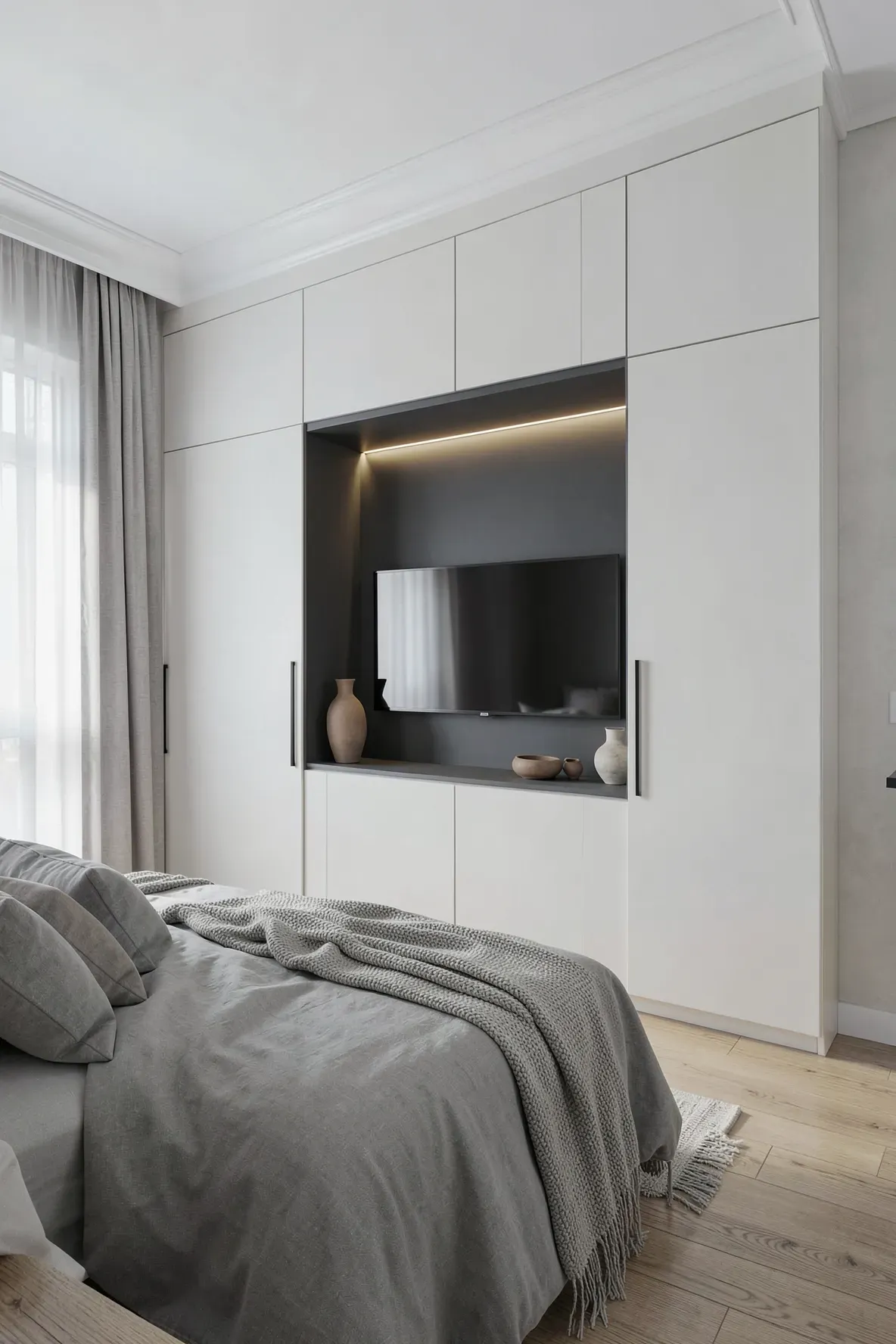 A modern white built-in wardrobe with a dark recessed center niche holding a large flat-screen TV.