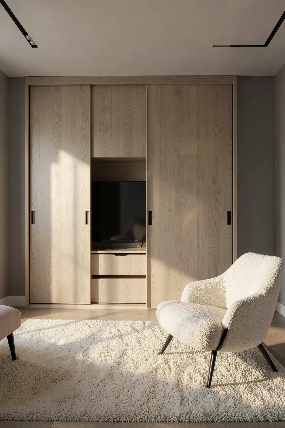 Large oak sliding wardrobe doors in a bedroom, with one door partially open to reveal a hidden TV.