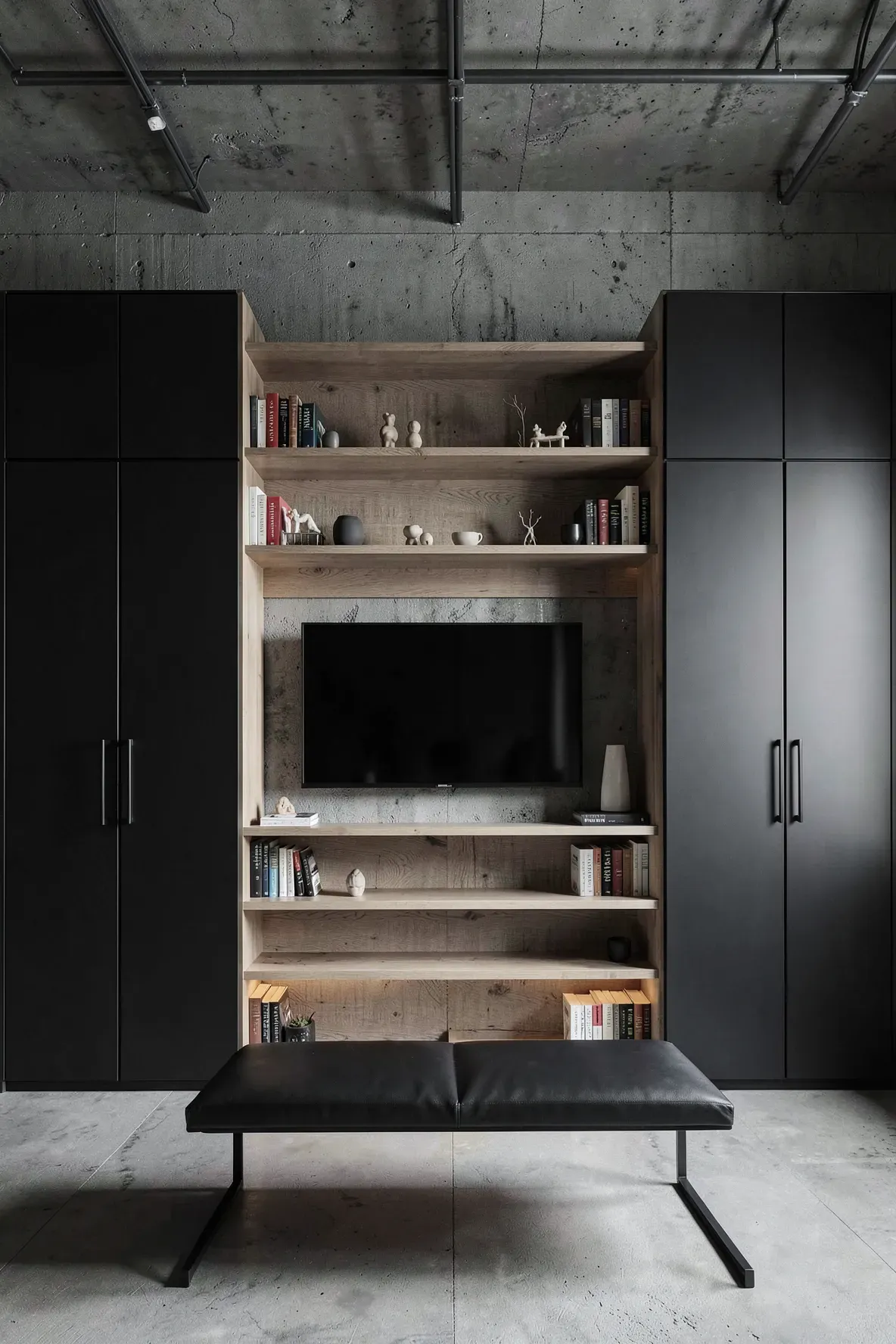 A bedroom wall with a walnut shelving unit for a TV between two tall matte black wardrobes.