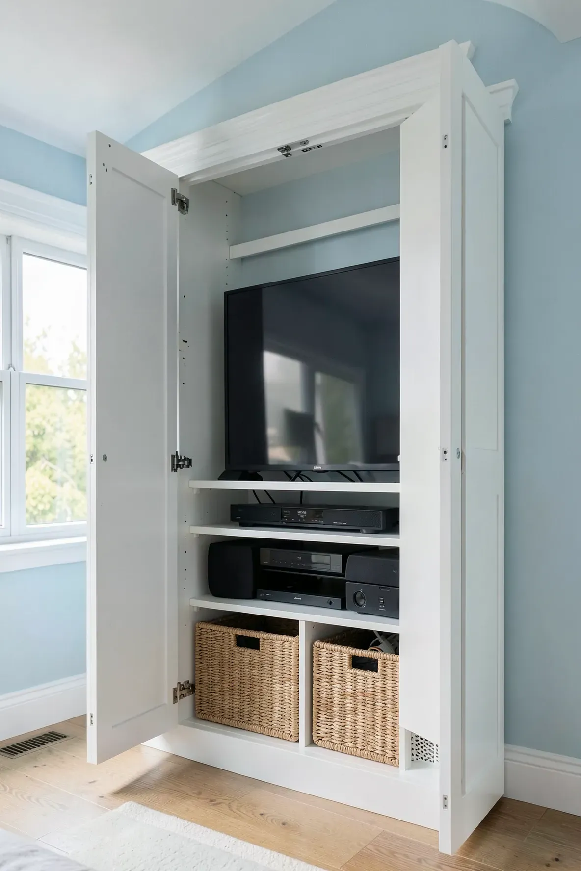 White shaker-style bifold doors folded back to reveal a TV and media shelves inside a wardrobe.