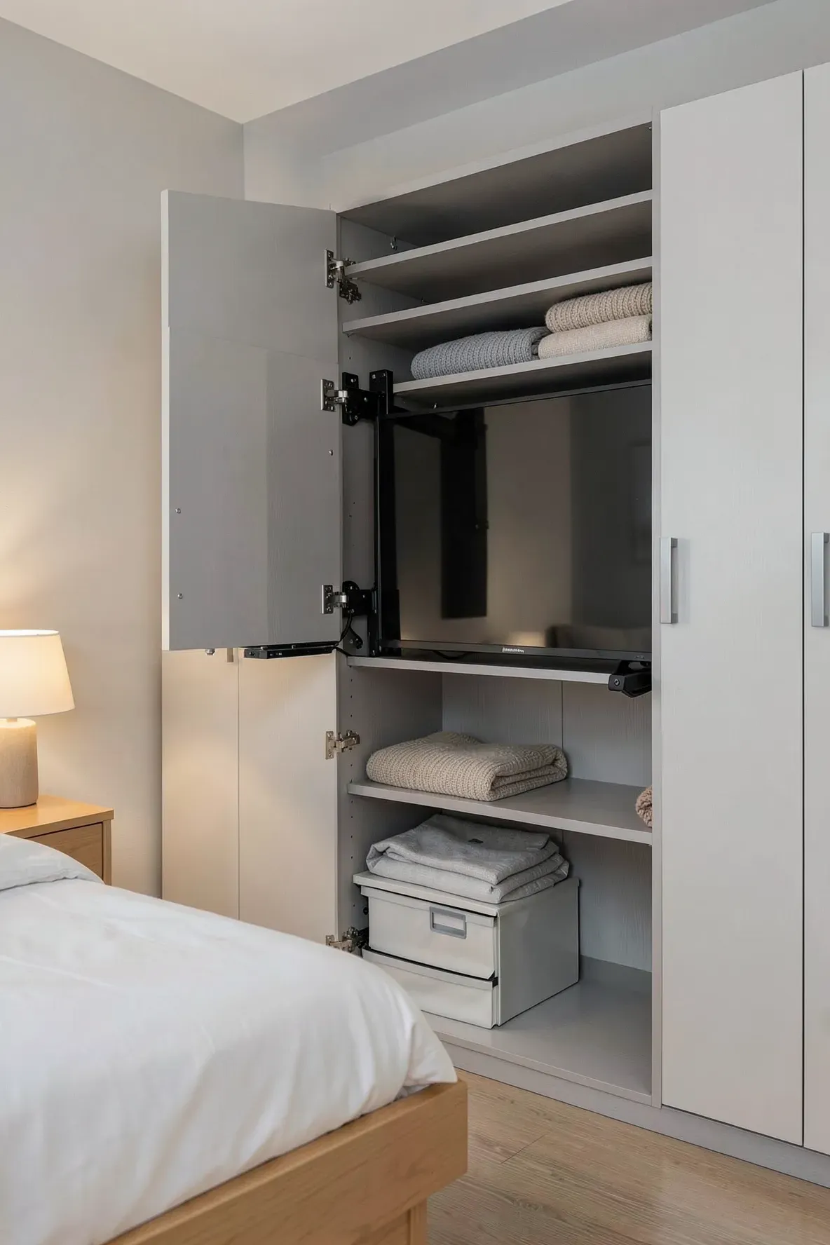 A TV extended on a swivel mount from inside a bedroom wardrobe cabinet.