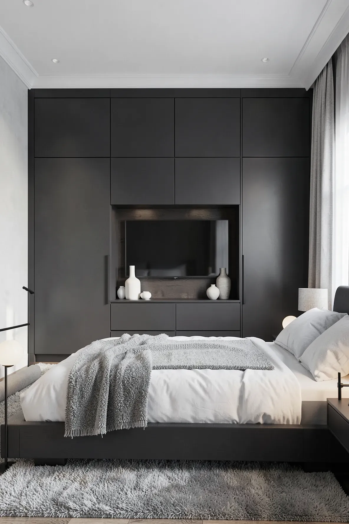 A floor-to-ceiling grey built-in wardrobe with a central cutout for a flat-screen TV.