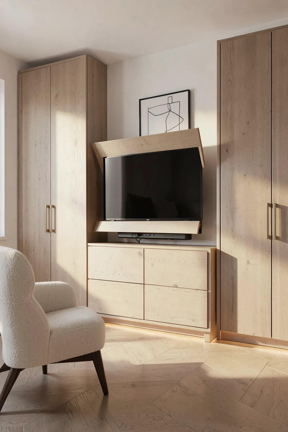 A TV emerging from a hidden lift inside a light oak bedroom wardrobe dresser.