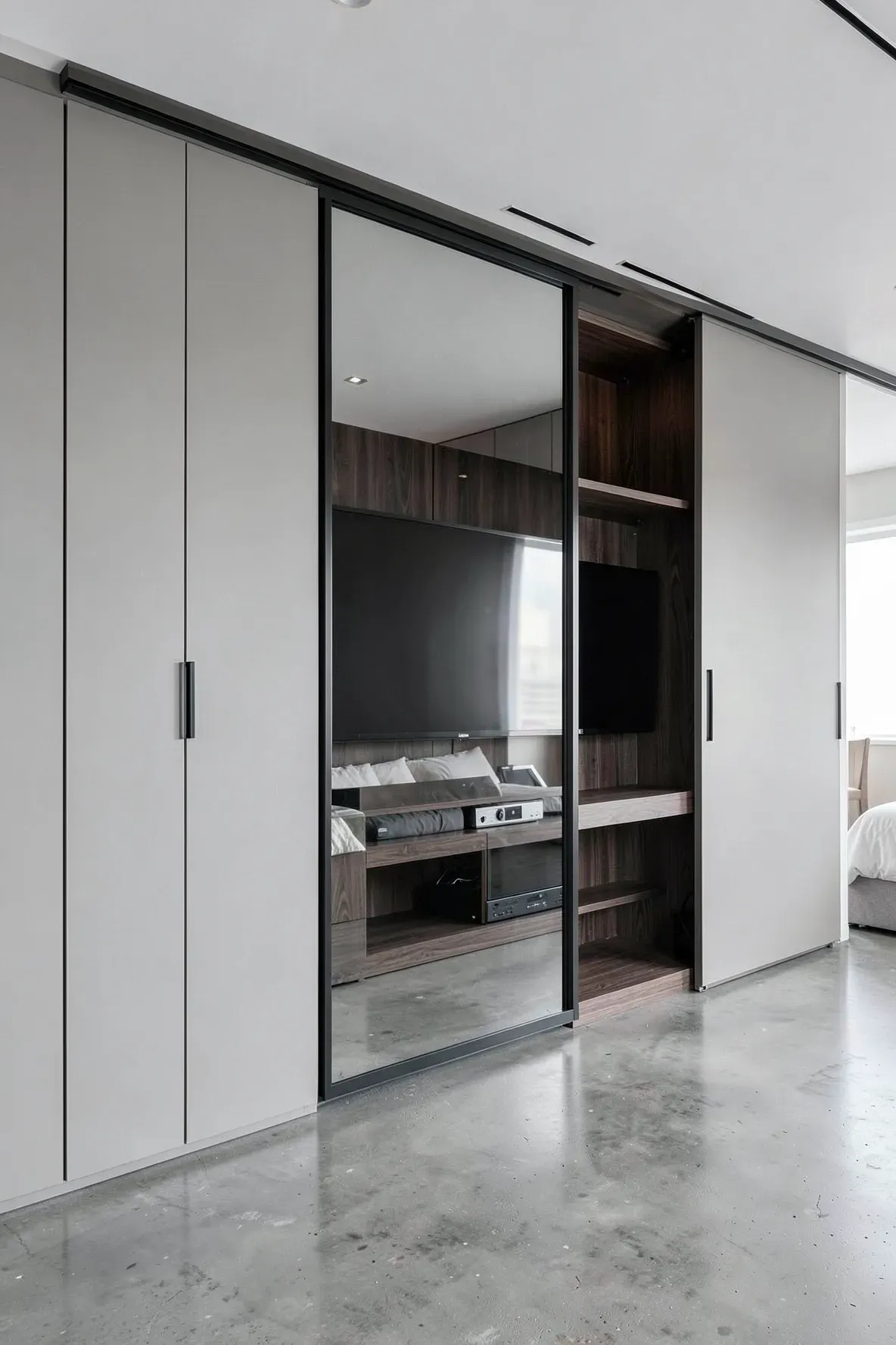 A sliding mirror door on a bedroom wardrobe moving to reveal a hidden television.