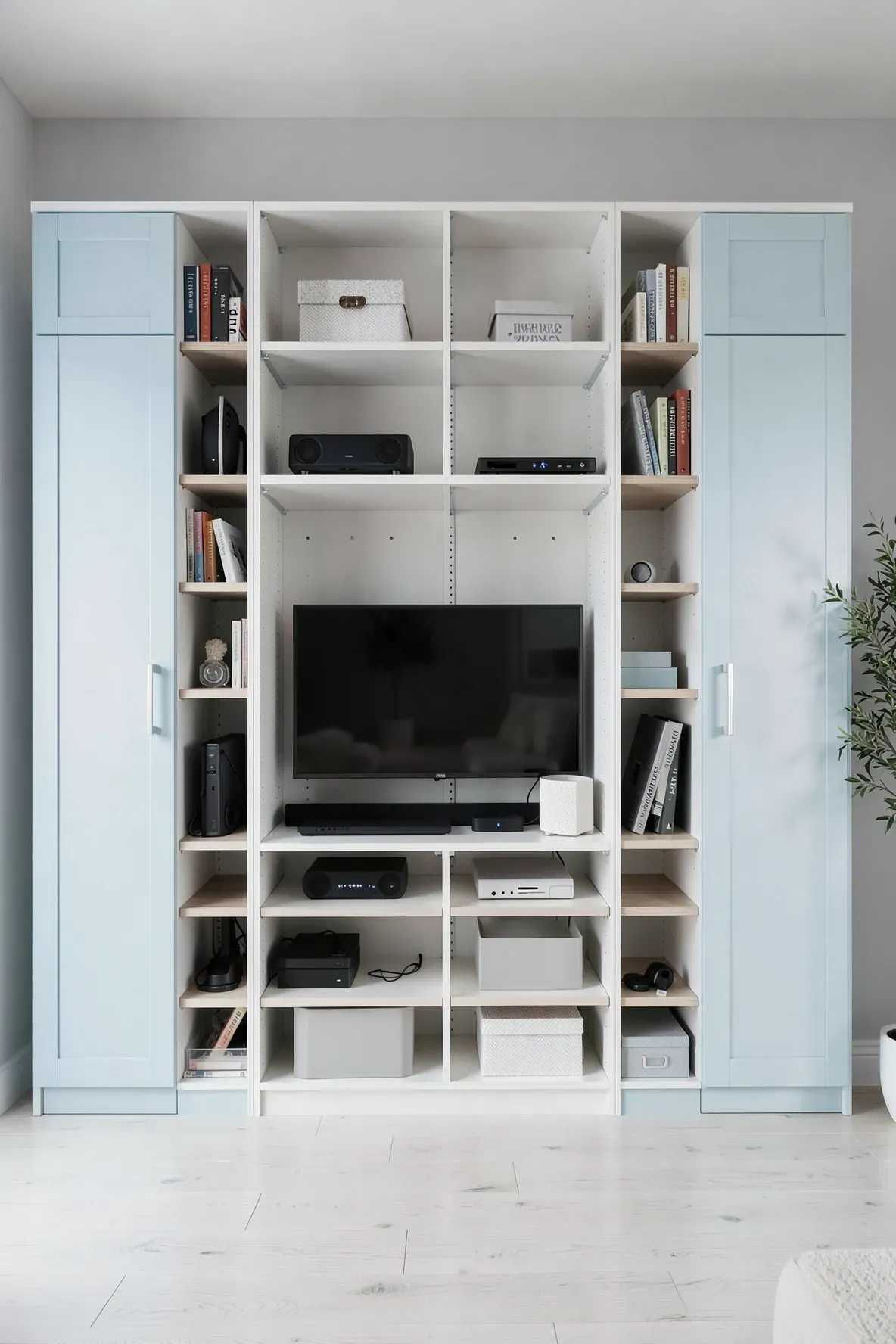 A built-in wardrobe with adjustable shelves surrounding a TV, holding a soundbar and console.