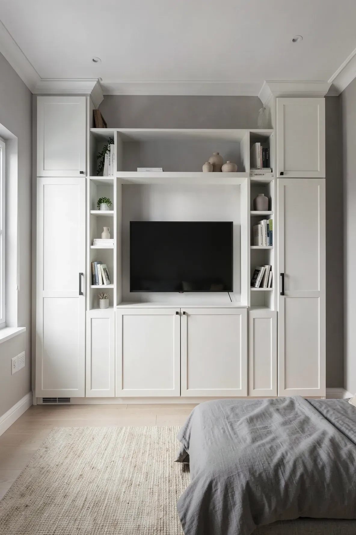 A symmetrical white built-in wardrobe with side towers and a central TV bridge in a bedroom.