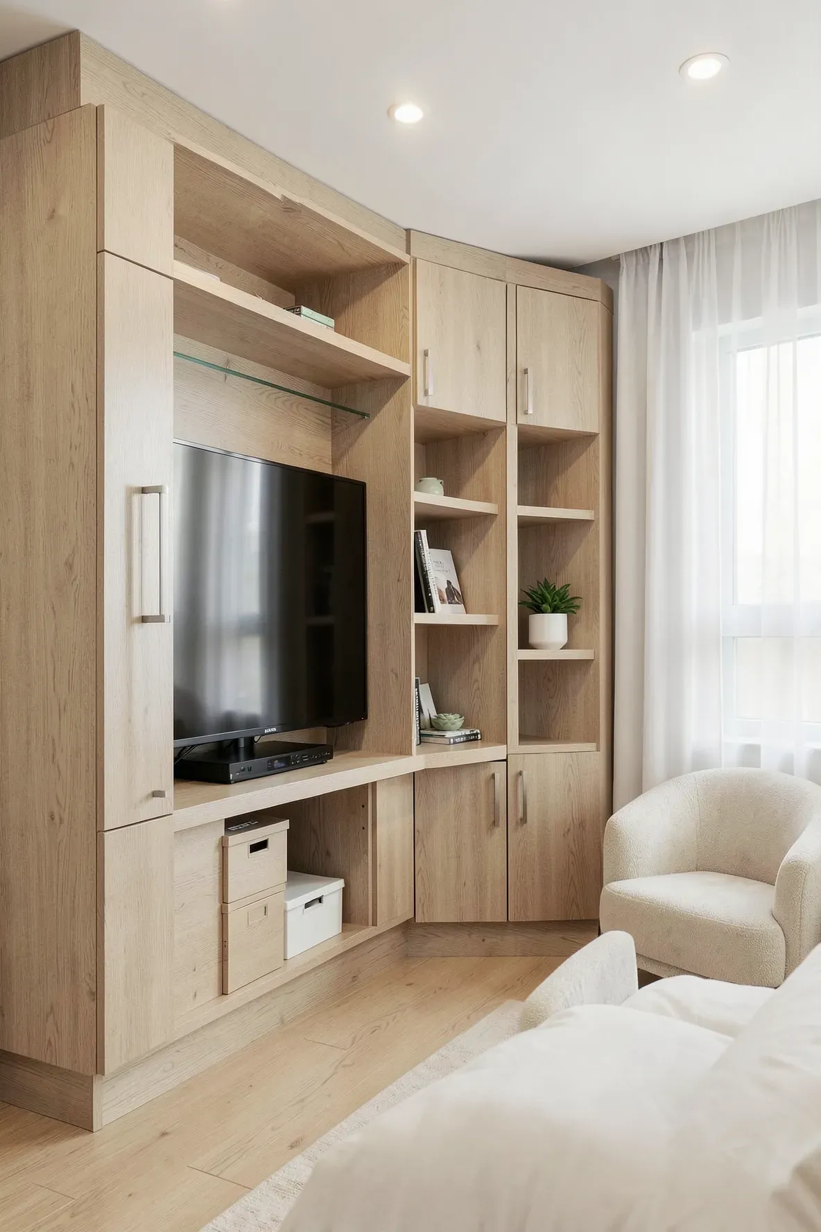 A light oak corner wardrobe with a custom angled shelf for a television in a modern bedroom.