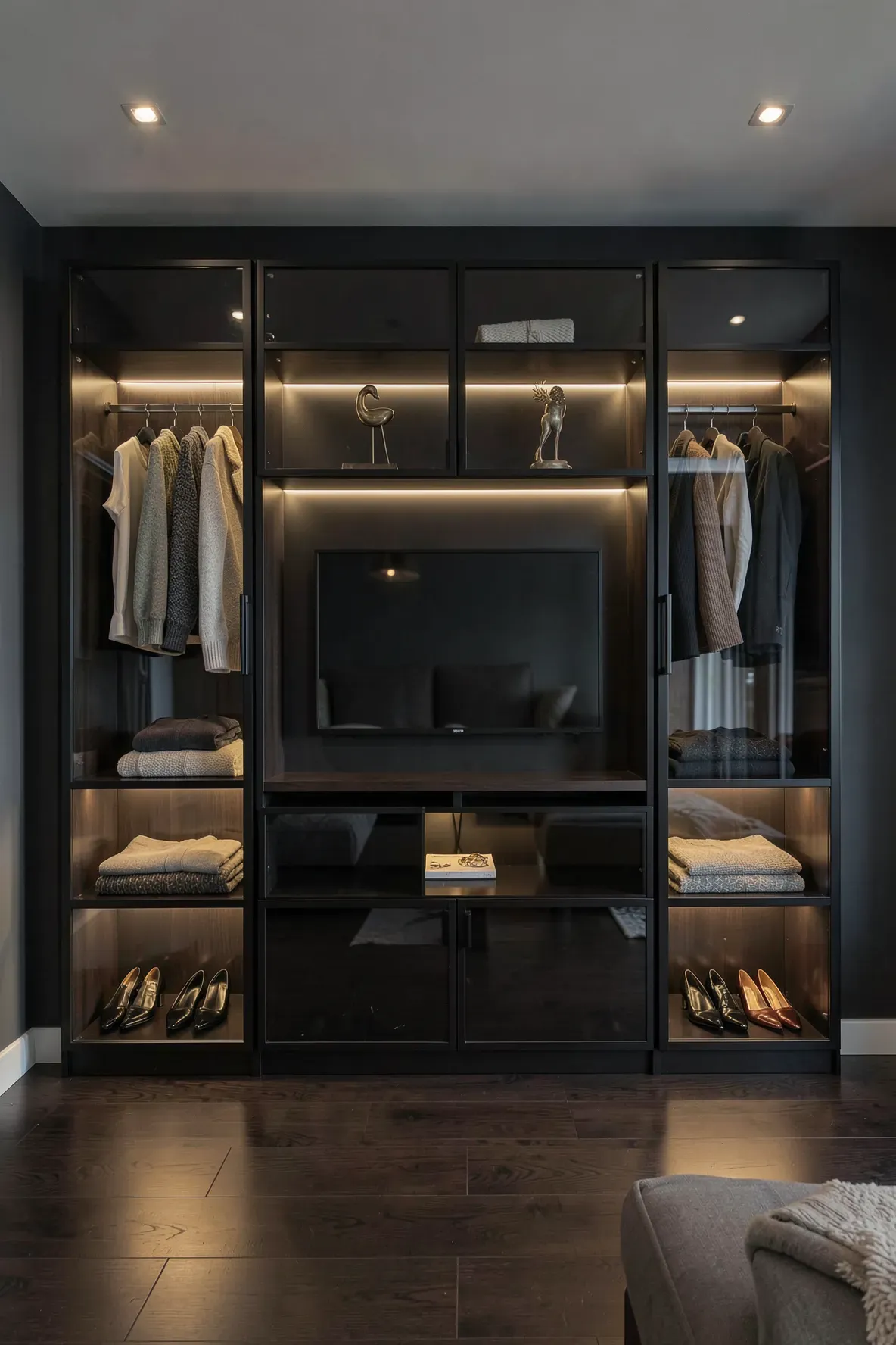 A luxury wardrobe with tinted glass doors flanking a central TV area with internal lighting.