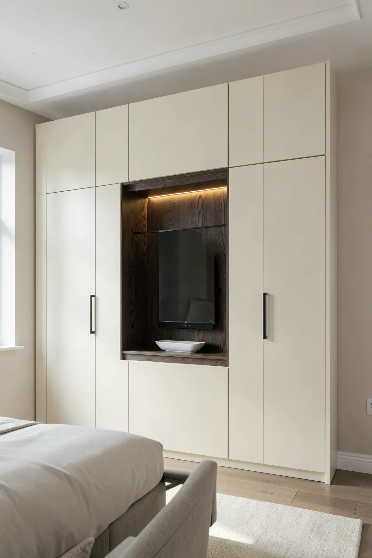 A light cream bedroom wardrobe featuring a contrasting dark oak recessed niche for a TV.