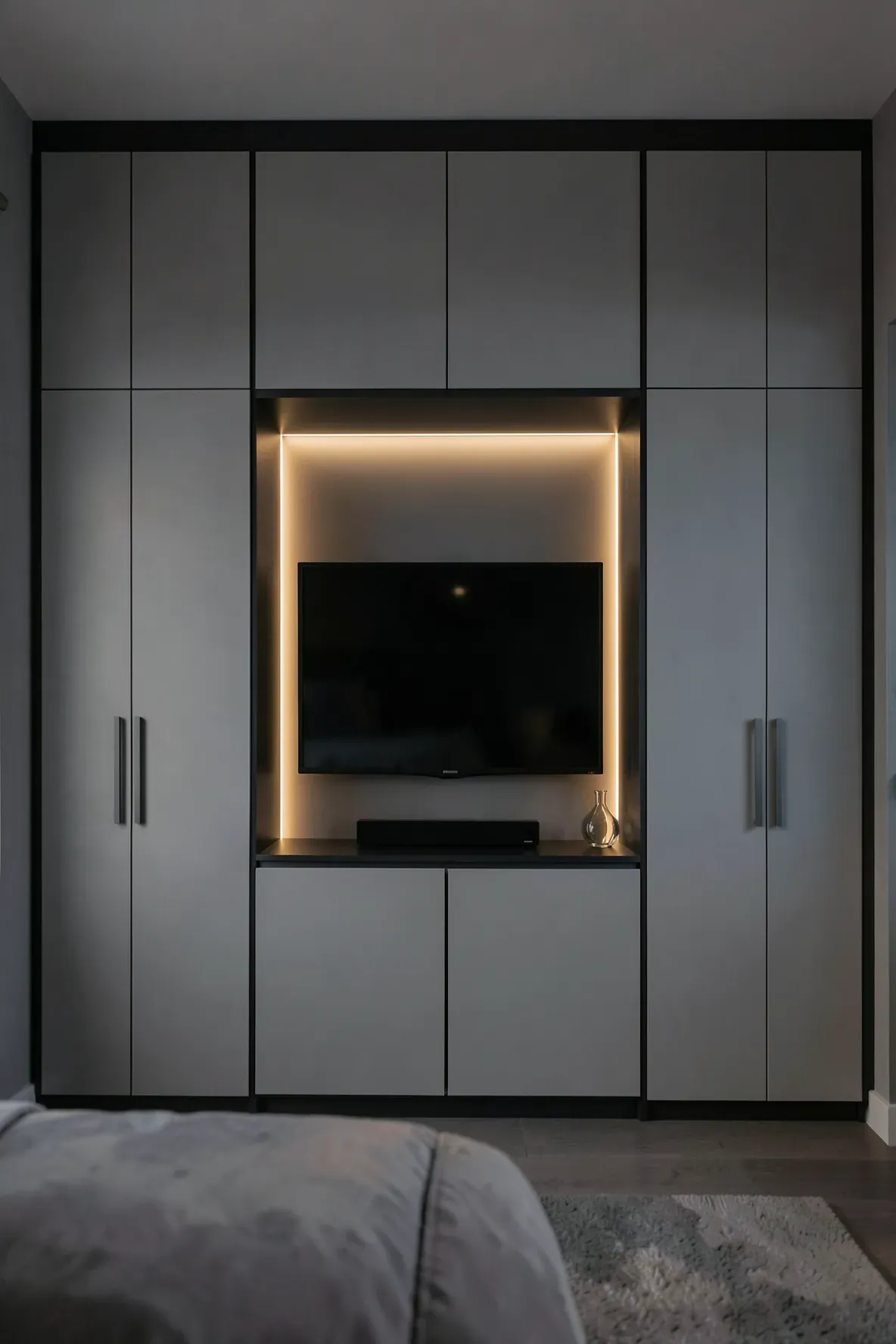 A modern bedroom wardrobe with a recessed TV niche illuminated by soft, hidden LED strip lighting.