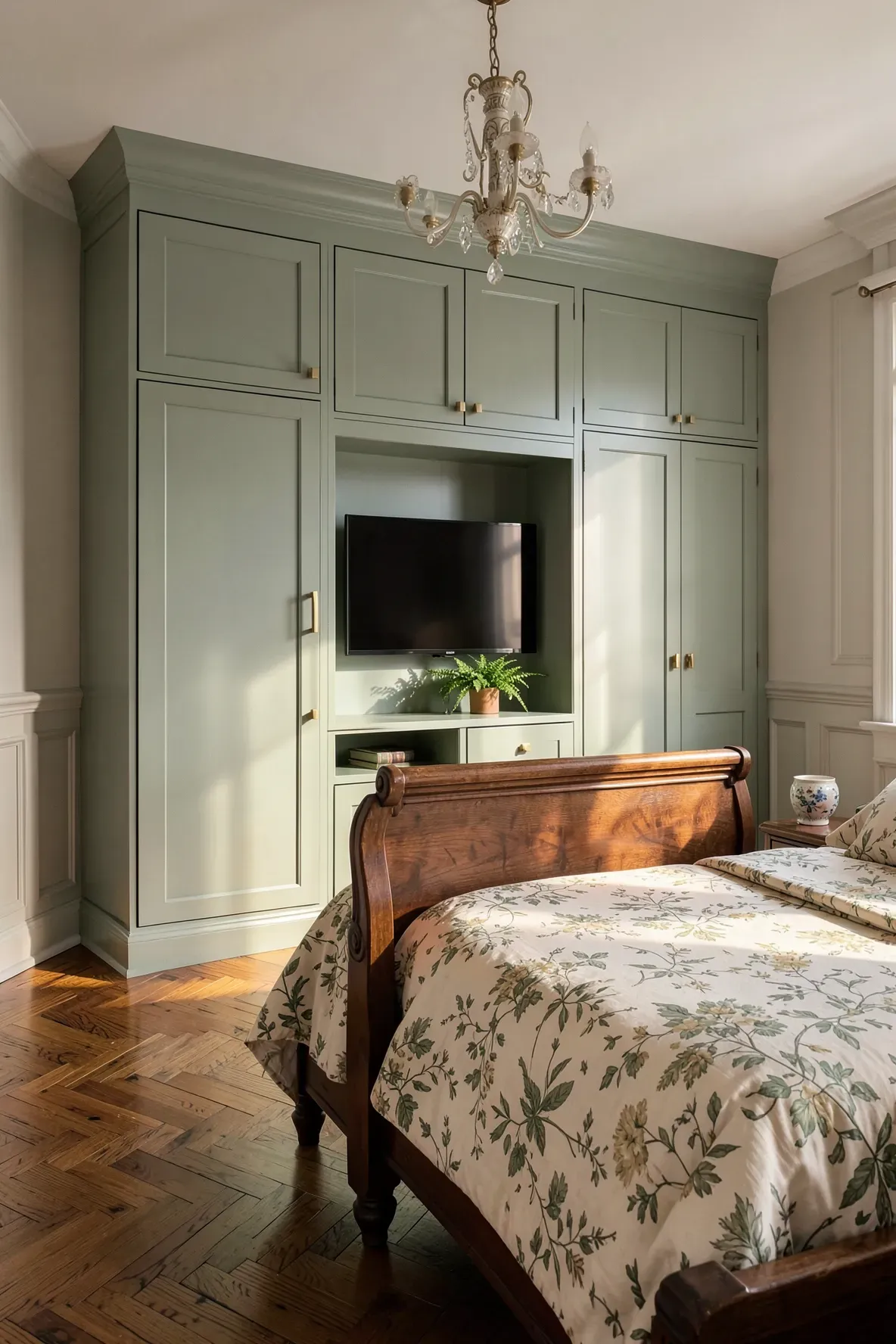 A traditional bedroom with sage green Shaker-style wardrobes and a central TV opening.
