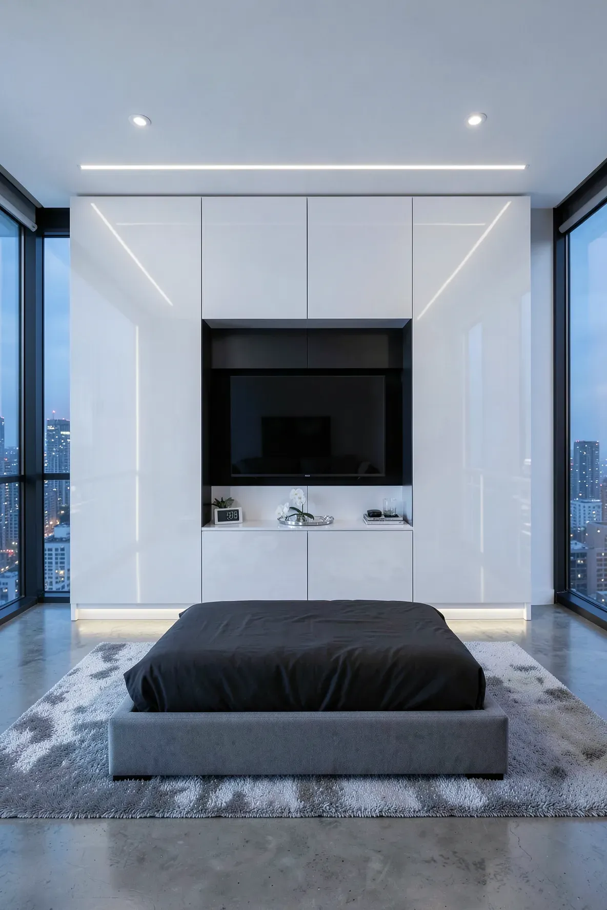 A contemporary bedroom featuring high-gloss white wardrobes with a sleek inset TV area.
