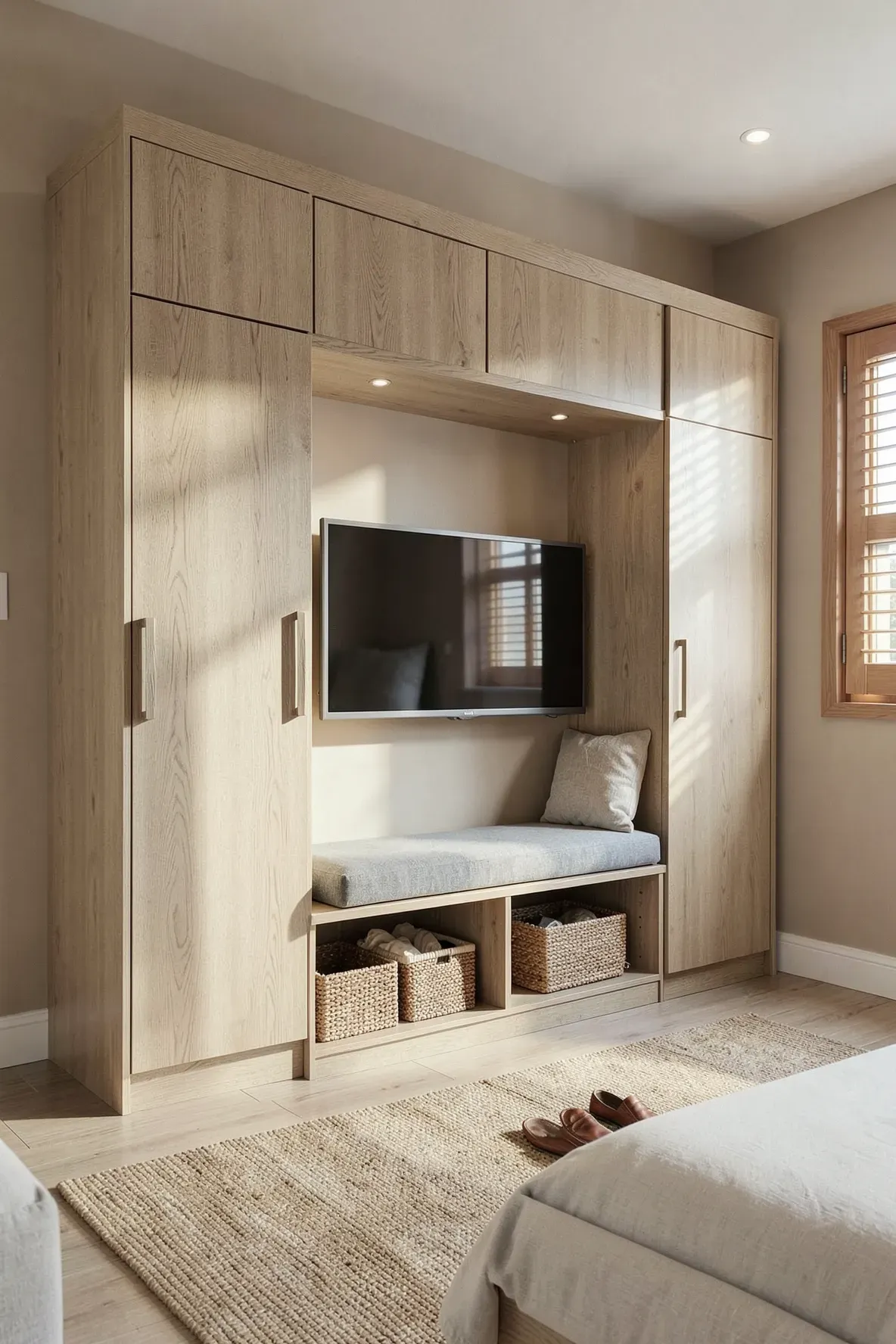 A light oak wardrobe featuring a TV niche and an integrated bench seat with storage below.