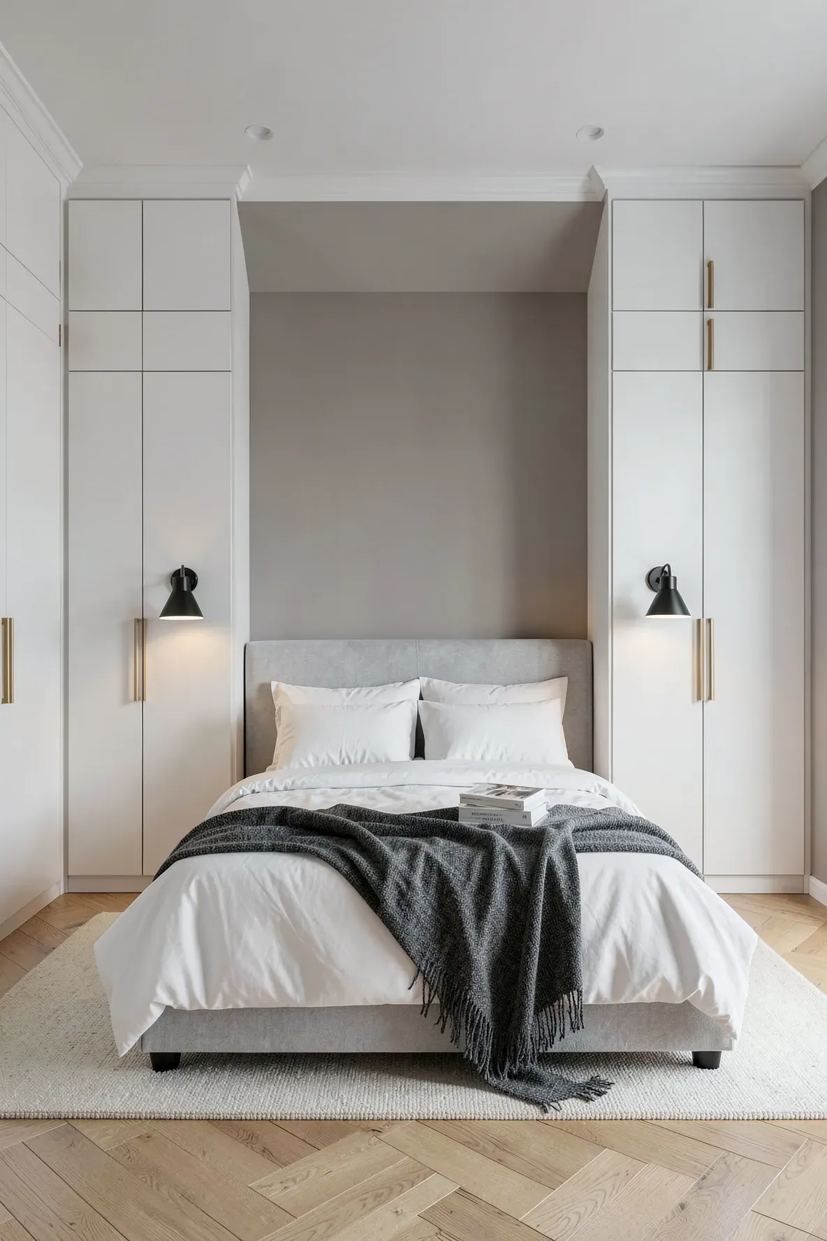 Symmetrical white floor-to-ceiling wardrobes framing a bed with grey linens in a modern bedroom.