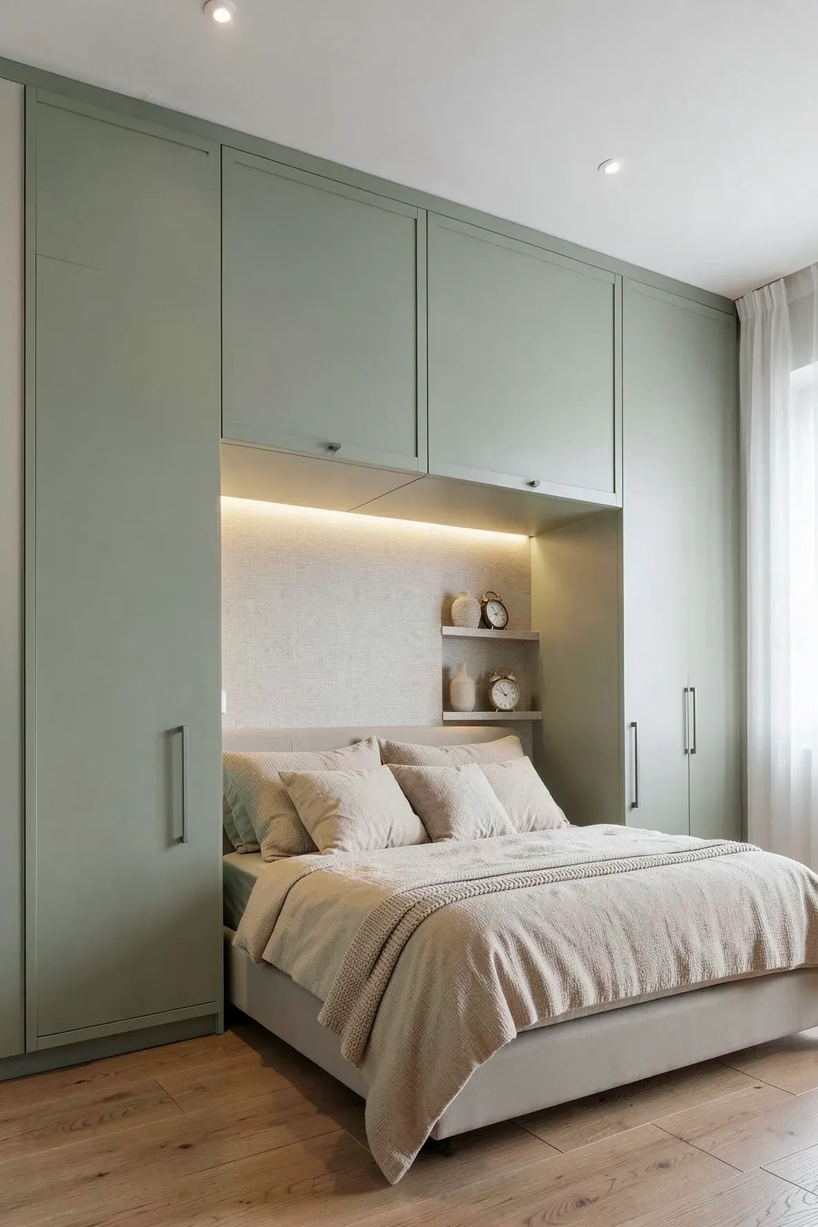 A sage green built-in wardrobe bridge connecting two side units over a bed in a cozy alcove.