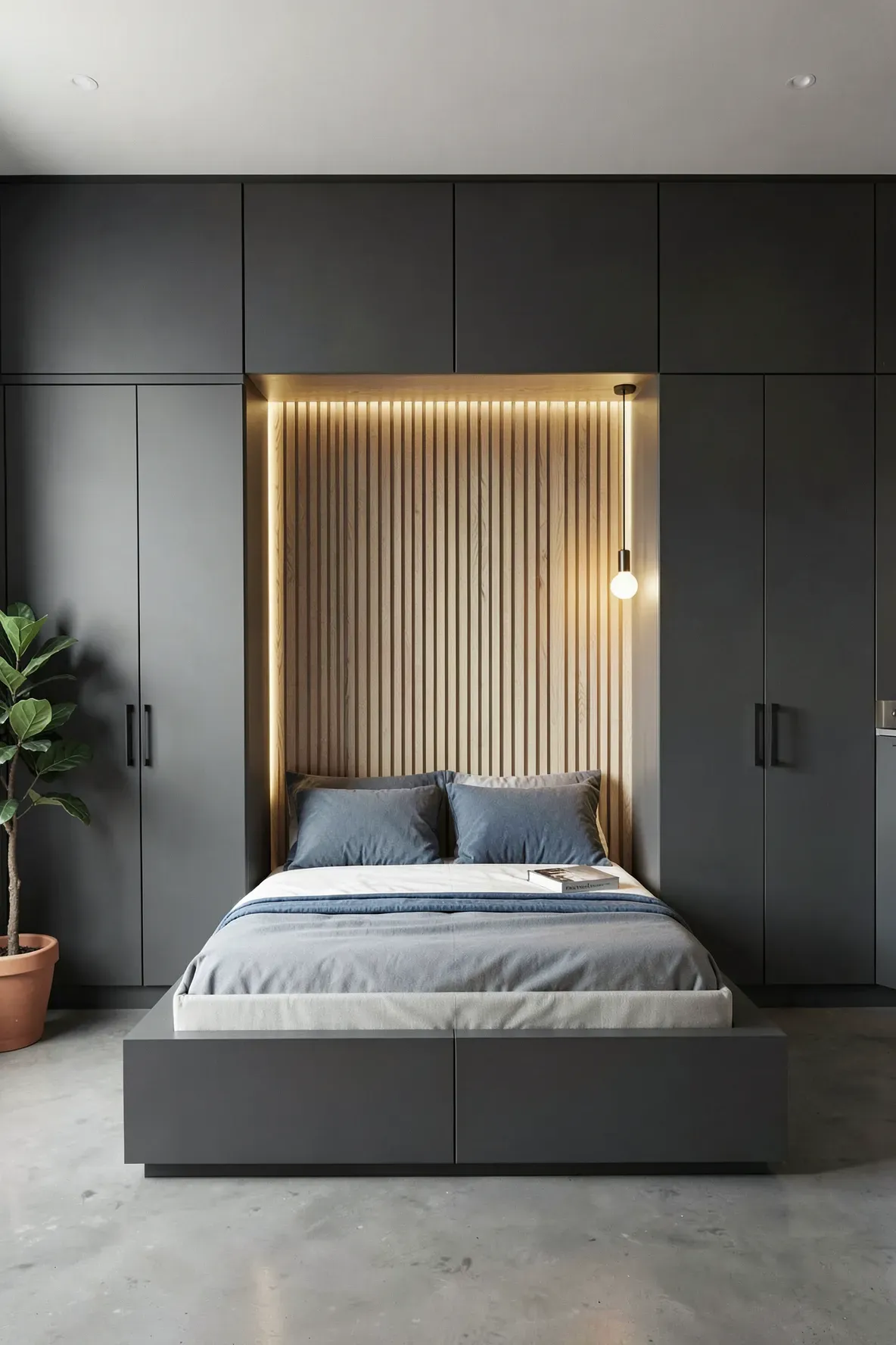 A bed recessed into a charcoal wardrobe wall with light oak wood slat backing and warm lighting.