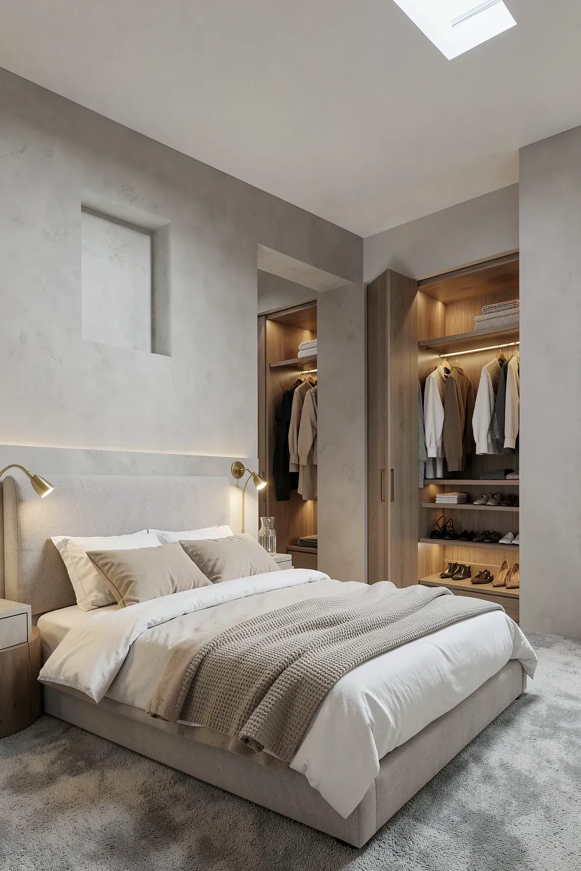 A bed resting against a greige partition wall with a hidden walk-in closet visible behind it.