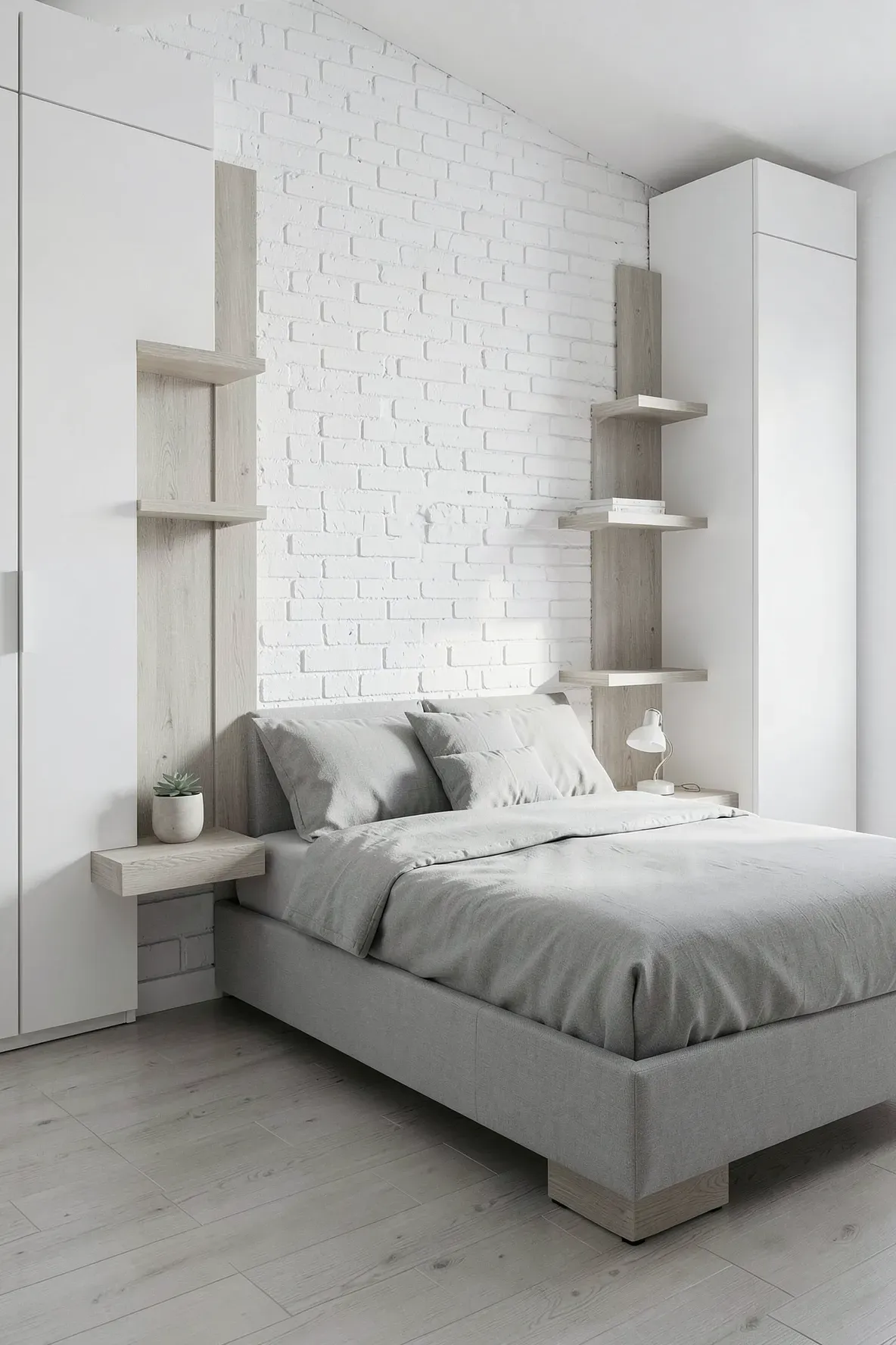 Floating wood shelves integrated into white built-in wardrobes on either side of a bed.