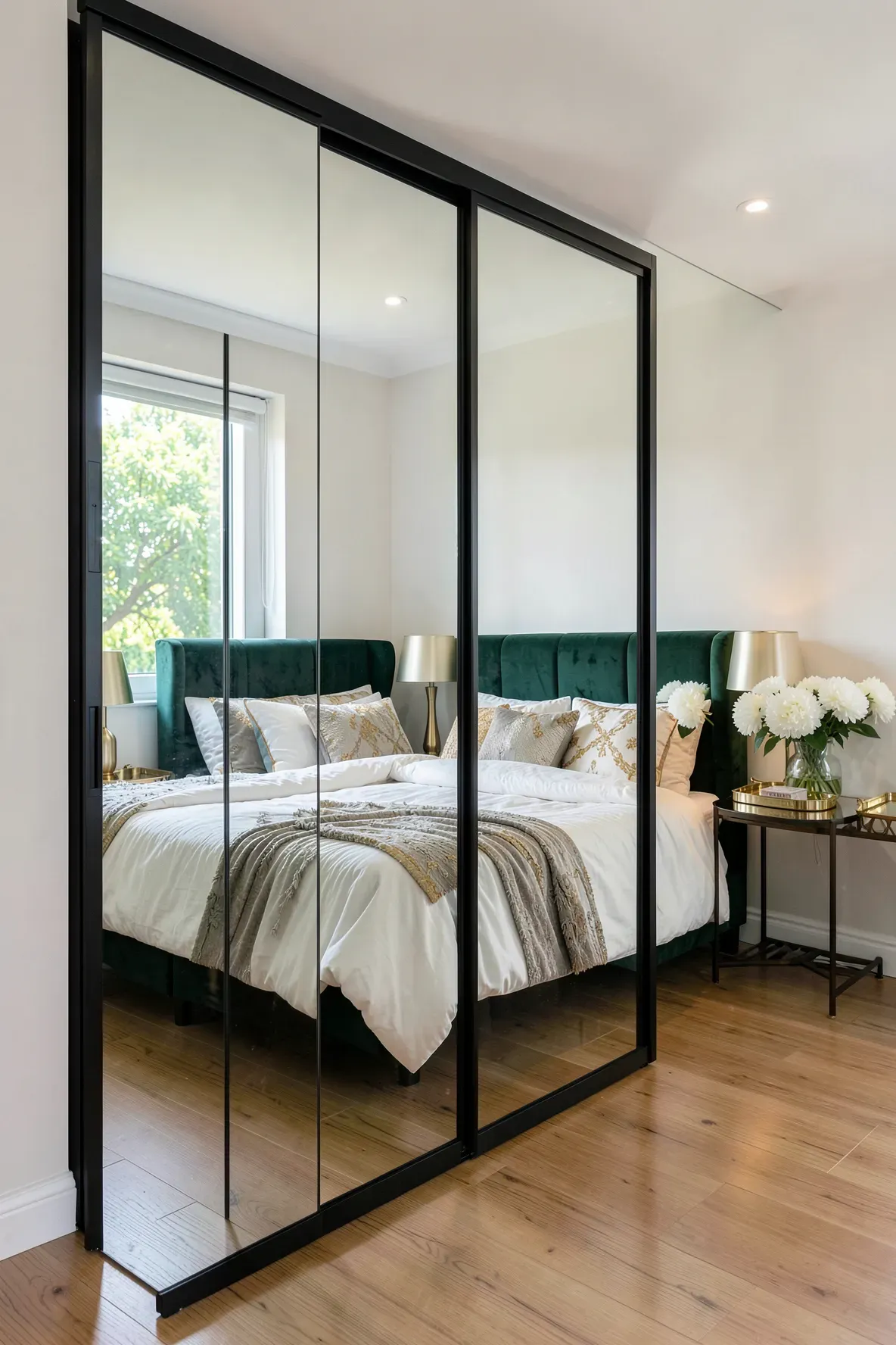 Mirrored wardrobe doors framing a bed with an emerald headboard, reflecting a bright window.