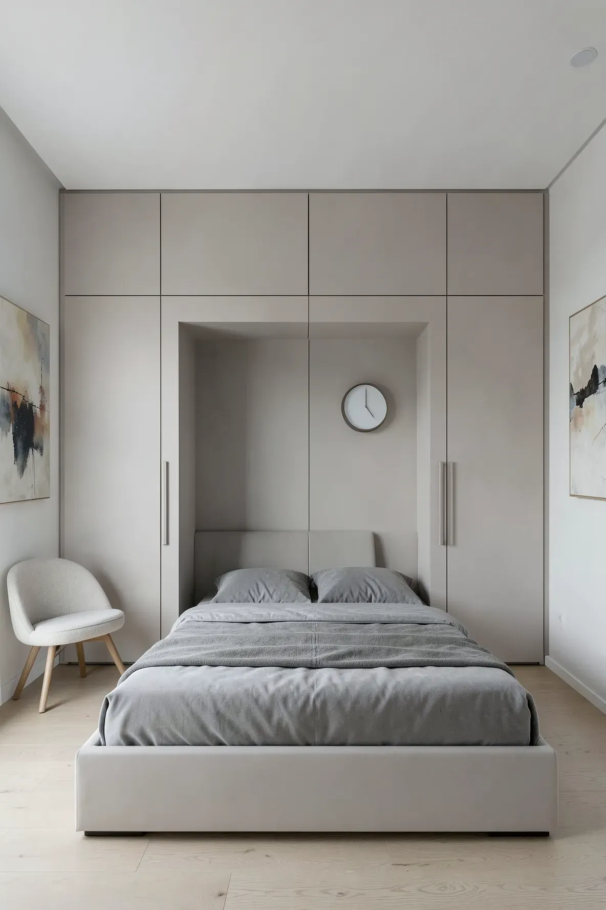 Sleek handleless matte cashmere wardrobes creating a seamless wall around a modern bed.