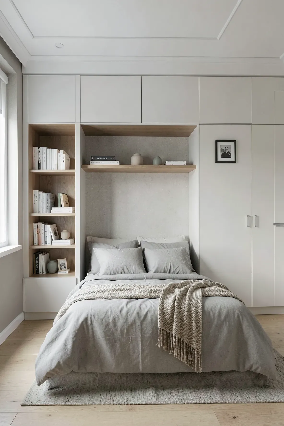 A bedroom with white built-in wardrobes surrounding the bed, featuring integrated wooden bookshelves.