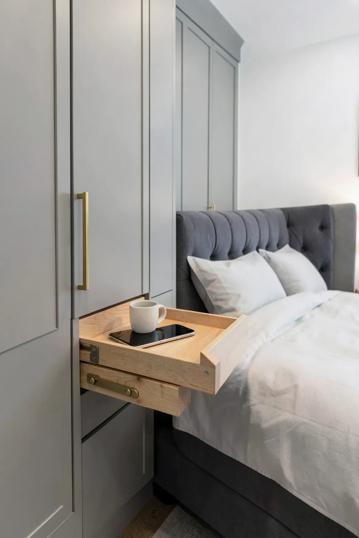 Close-up of a pull-out wooden tray extending from a built-in wardrobe next to a bed.