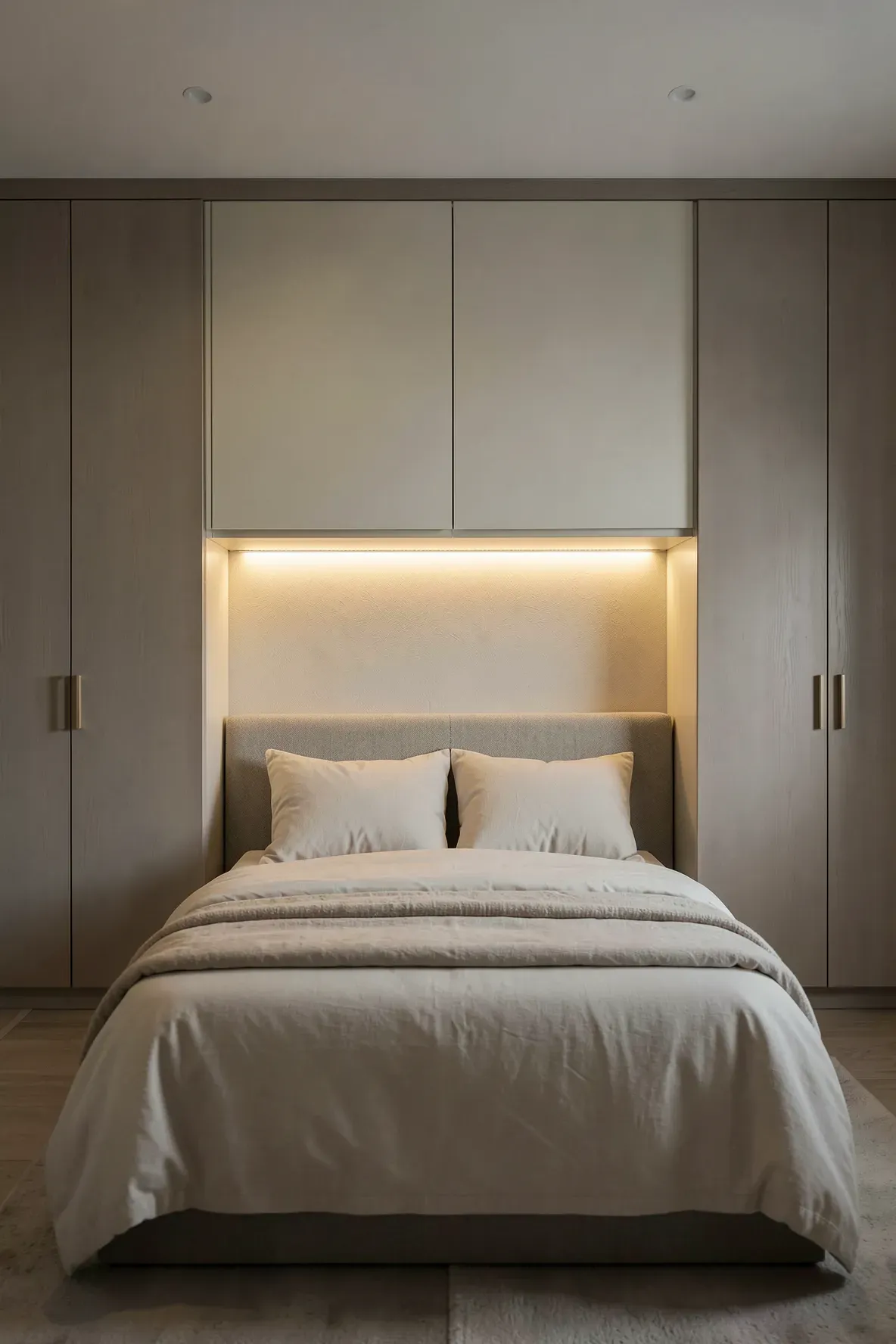 Warm LED strip lighting glowing underneath bridge cabinets above a bed in a built-in wardrobe.