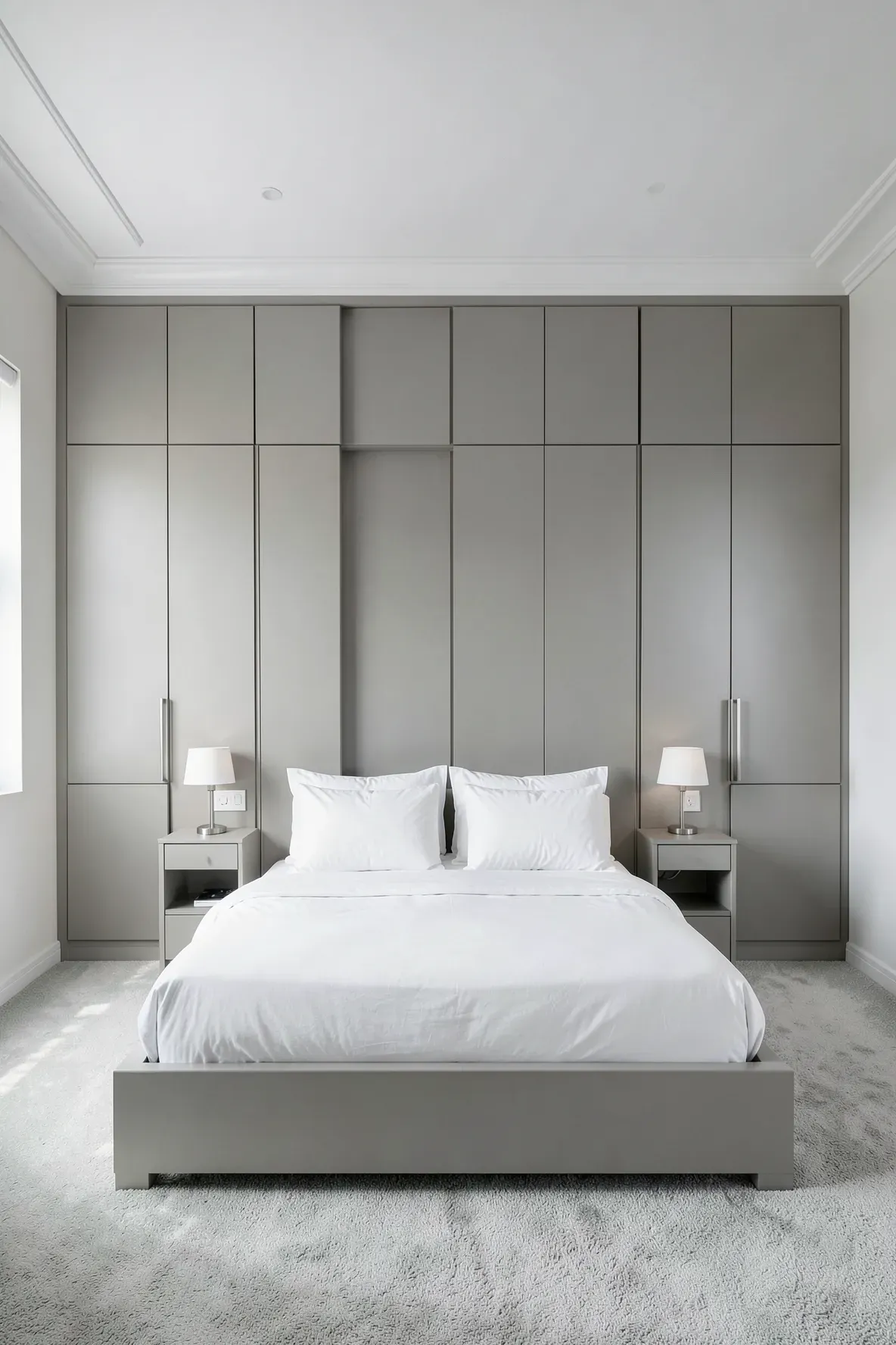A massive floor-to-ceiling white wardrobe spanning an entire wall behind a centered bed.