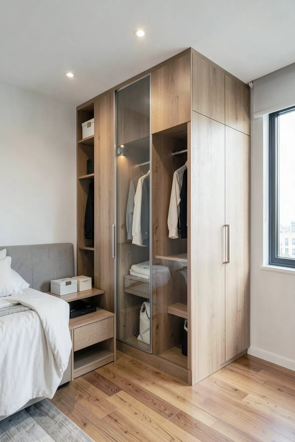 An L-shaped built-in wardrobe wrapping around a bedroom corner next to the bed.