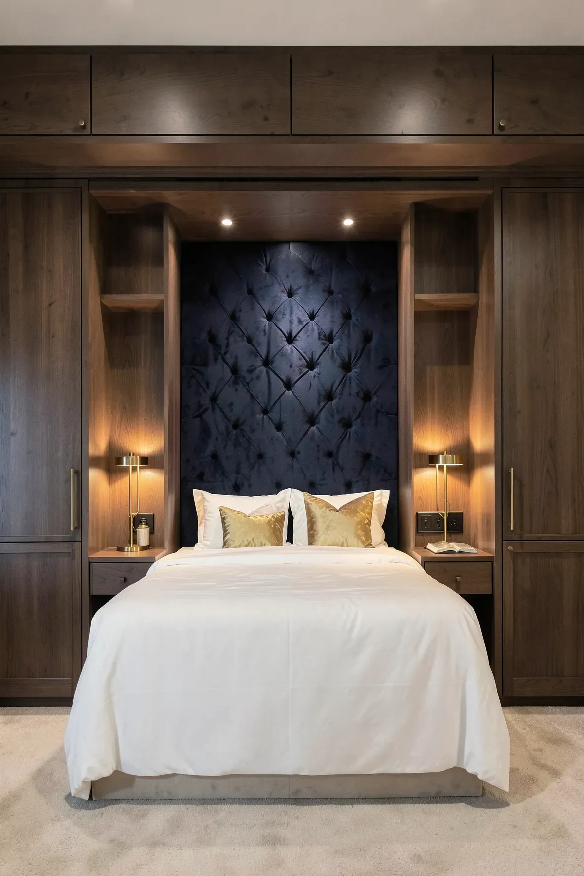 A navy velvet upholstered headboard built into a dark walnut wardrobe wall surrounding a bed.