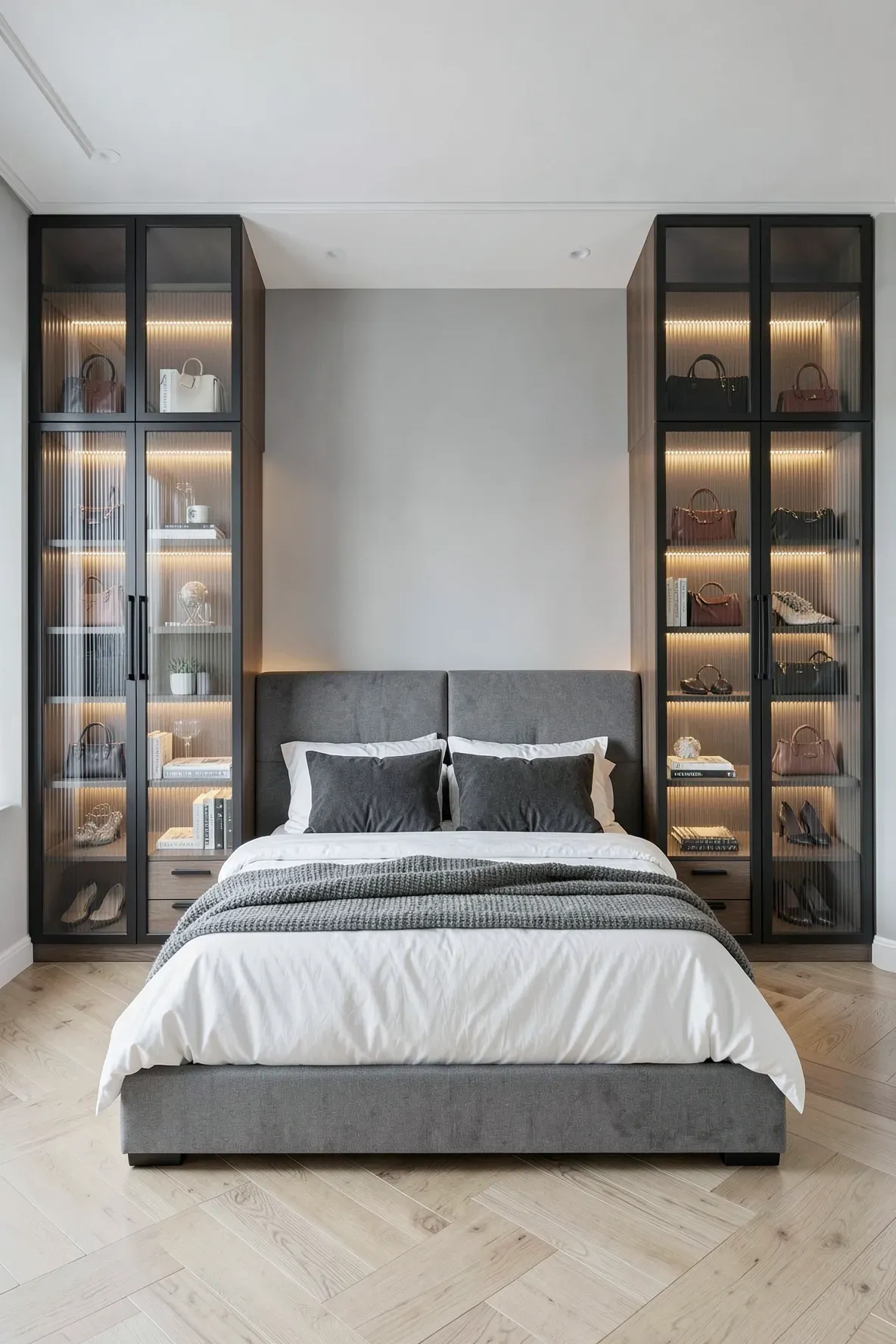 Symmetrical glass-front wardrobes with interior lighting built around a modern bed.