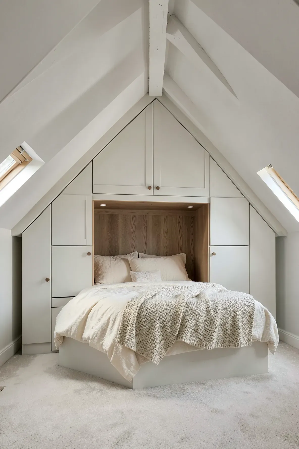 Custom angled wardrobes following a sloped attic ceiling around a cozy bed nook.
