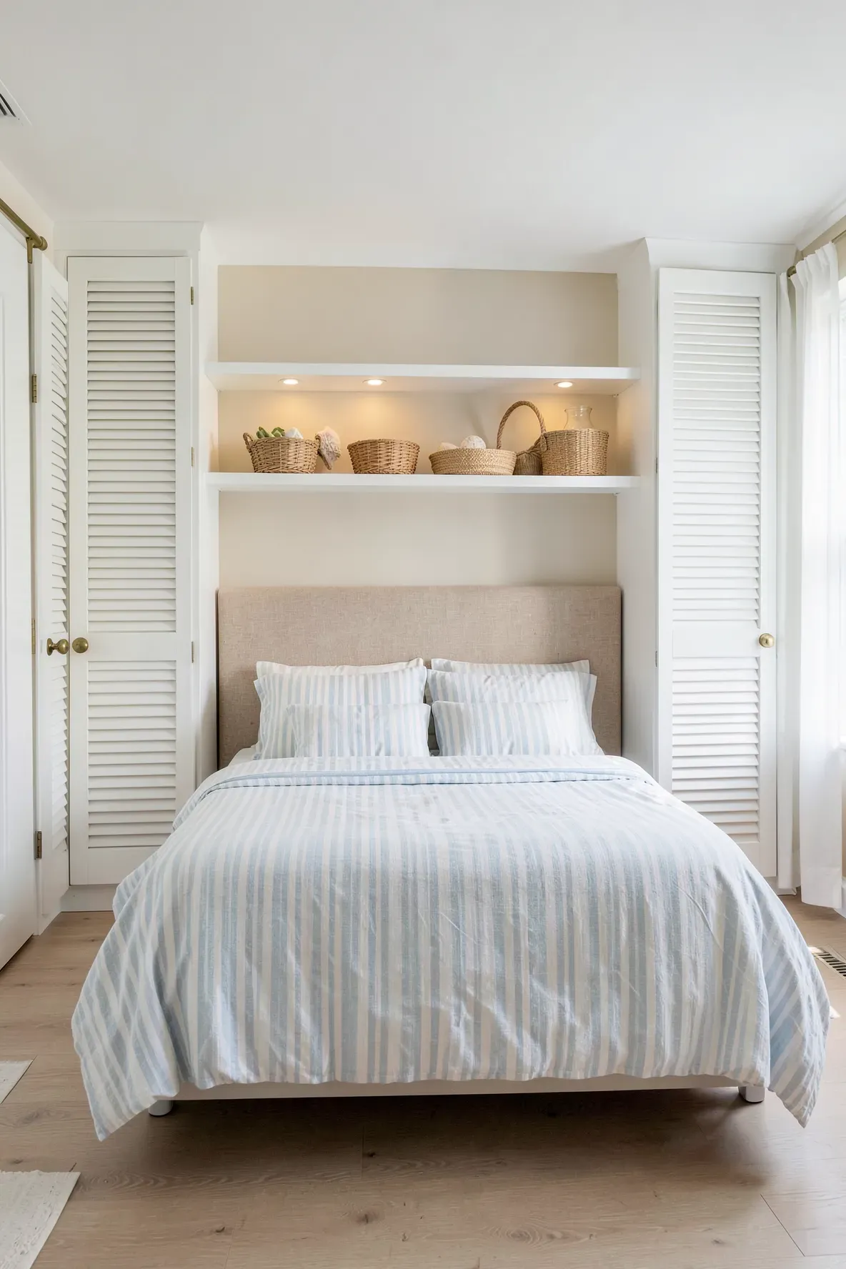 White louvered door wardrobes built around a bed with coastal blue and white styling.