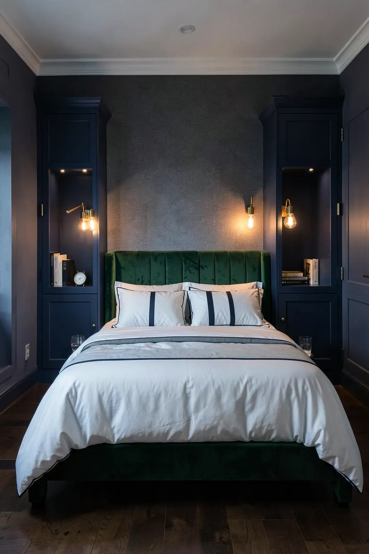 Brushed gold reading sconces mounted on navy blue built-in wardrobes next to a bed.