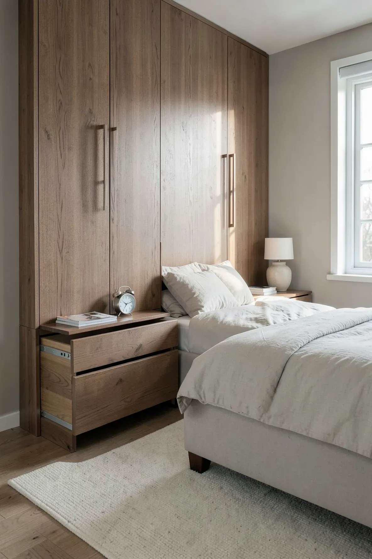 Built-in wardrobes featuring deep walnut drawers at the base that serve as bedside tables.