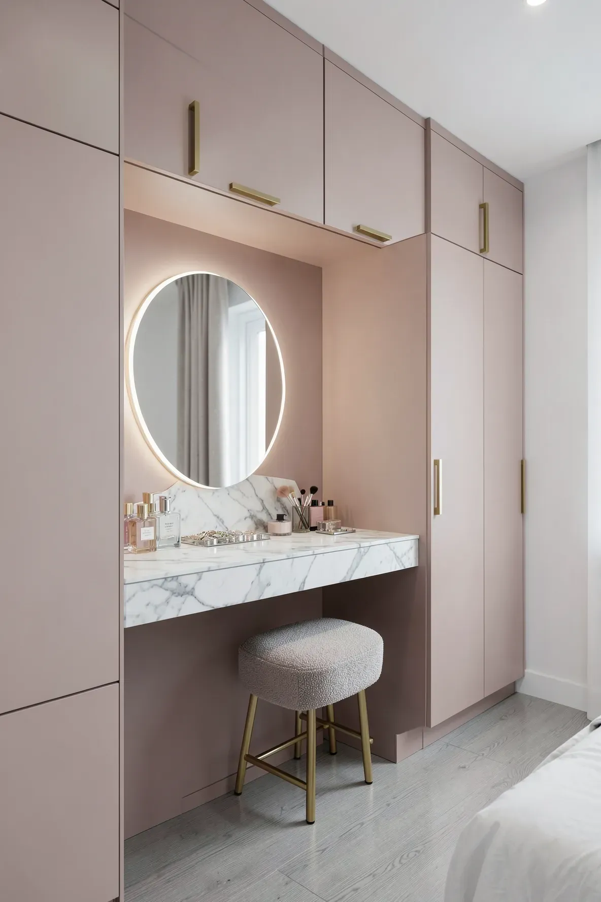 A matte pink floor-to-ceiling wardrobe with an integrated marble vanity desk and backlit mirror.