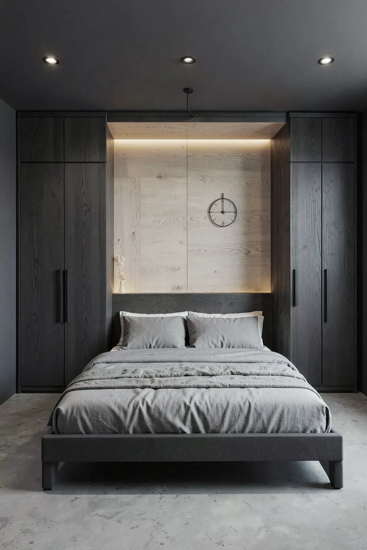 A bedroom with dark ebony side wardrobes and a light oak over-bed bridge and headboard panel.