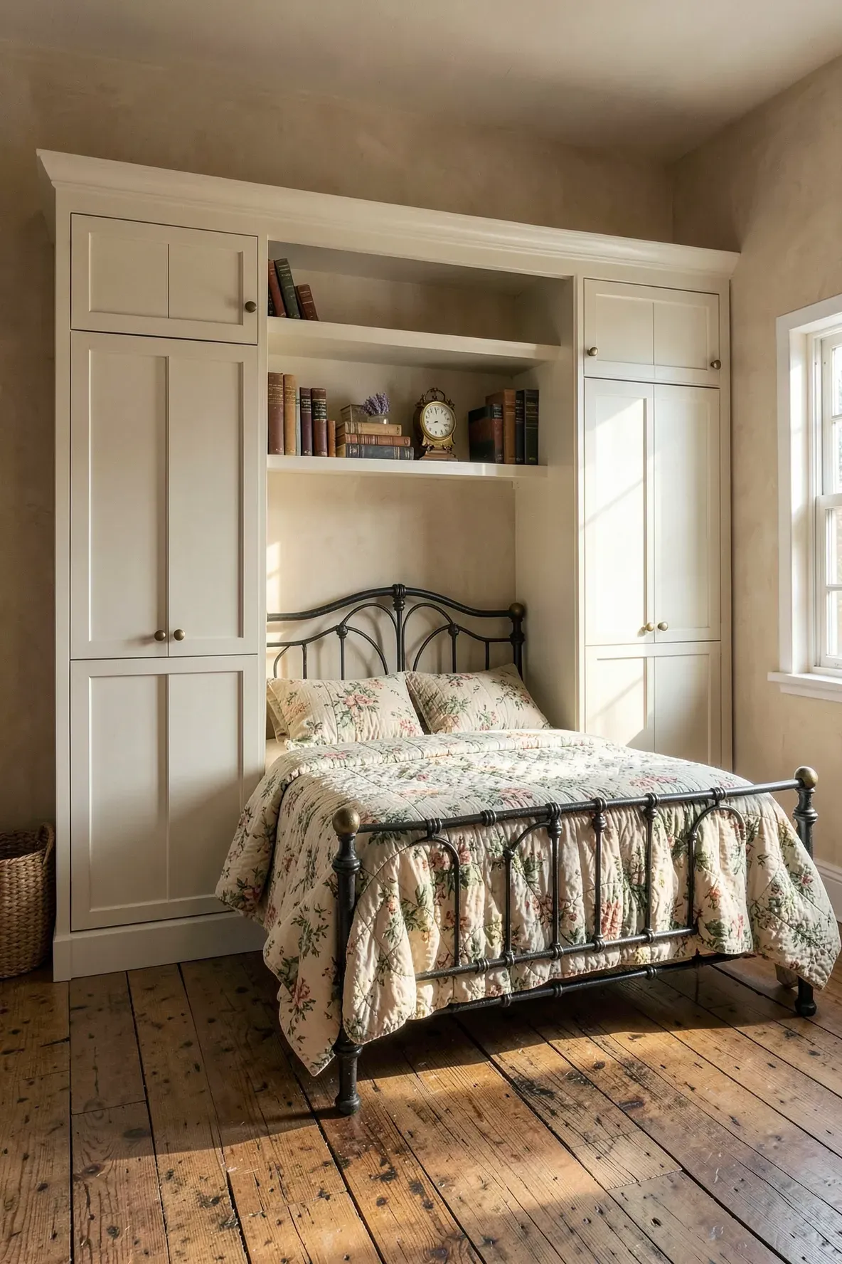 Traditional off-white Shaker-style wardrobe panels built around a black iron bed frame.