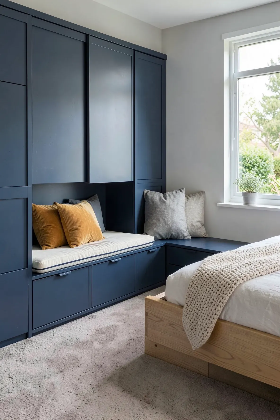 A navy blue wrap-around wardrobe with a built-in window bench seat and storage drawers.