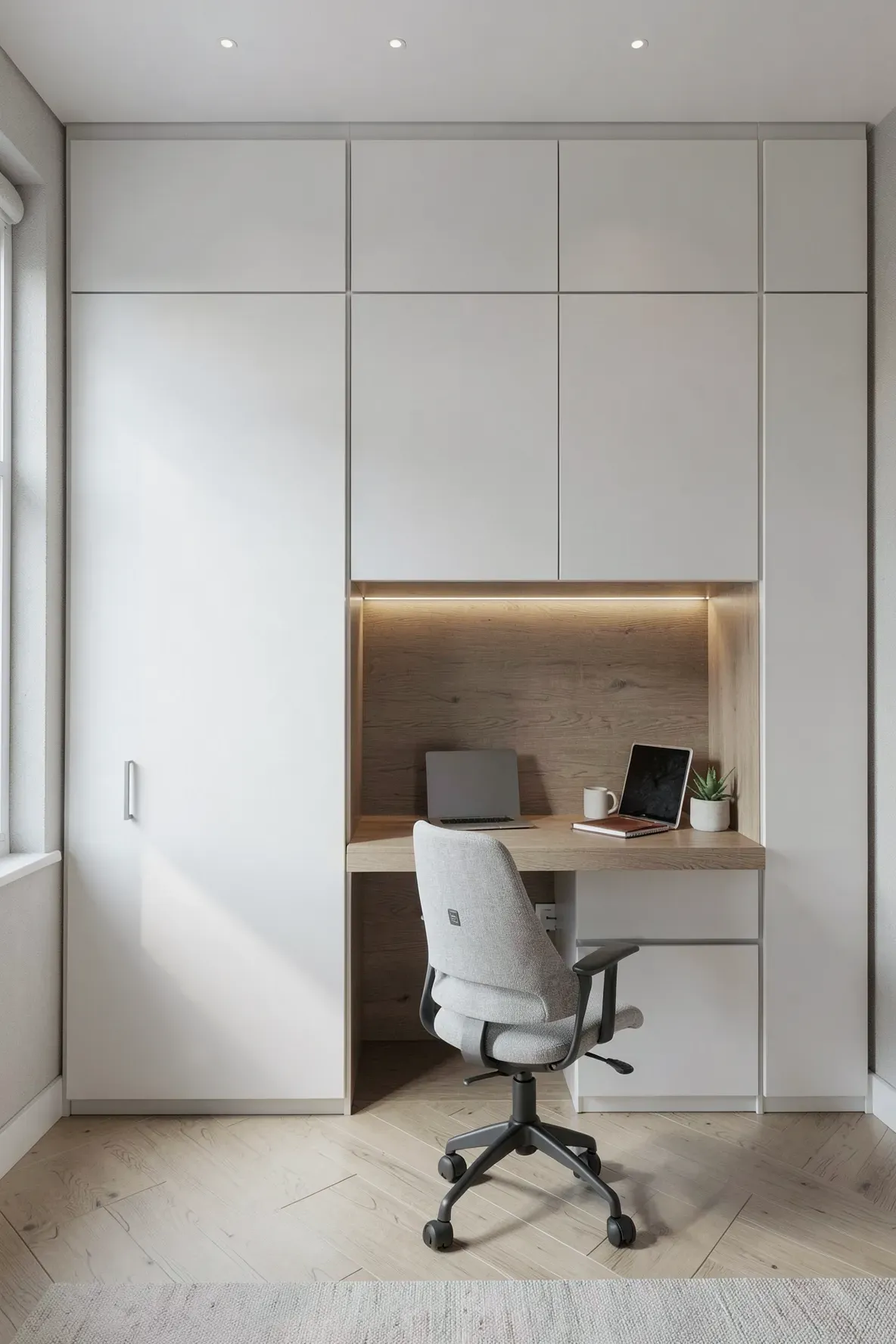 A white floor-to-ceiling built-in wardrobe with a recessed oak desk nook in a modern bedroom.