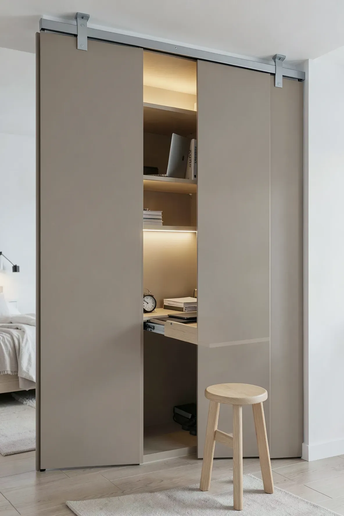 A matte beige sliding door wardrobe partially open to reveal a hidden pull-out desk and laptop.