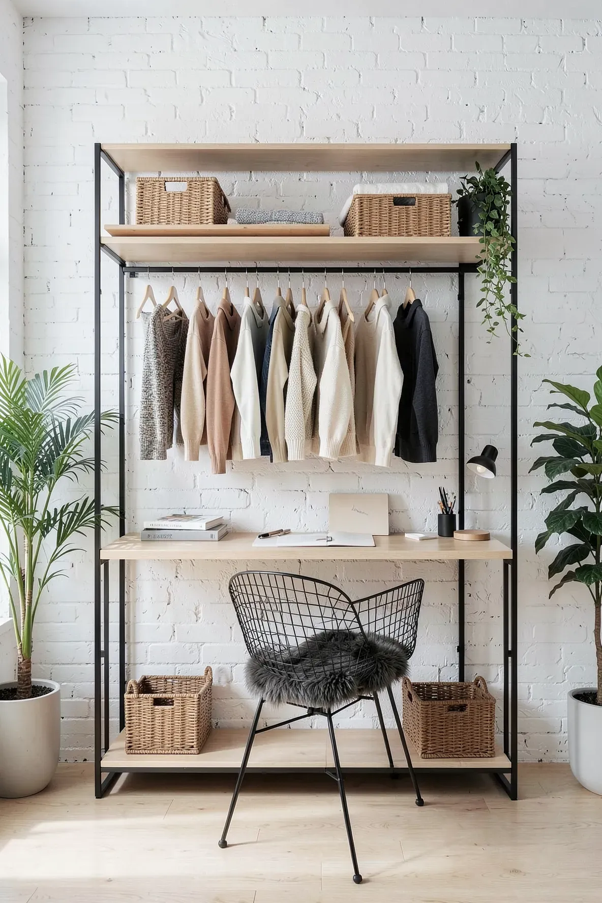 A black metal open-shelving wardrobe with an integrated oak desk and neatly organized clothes.