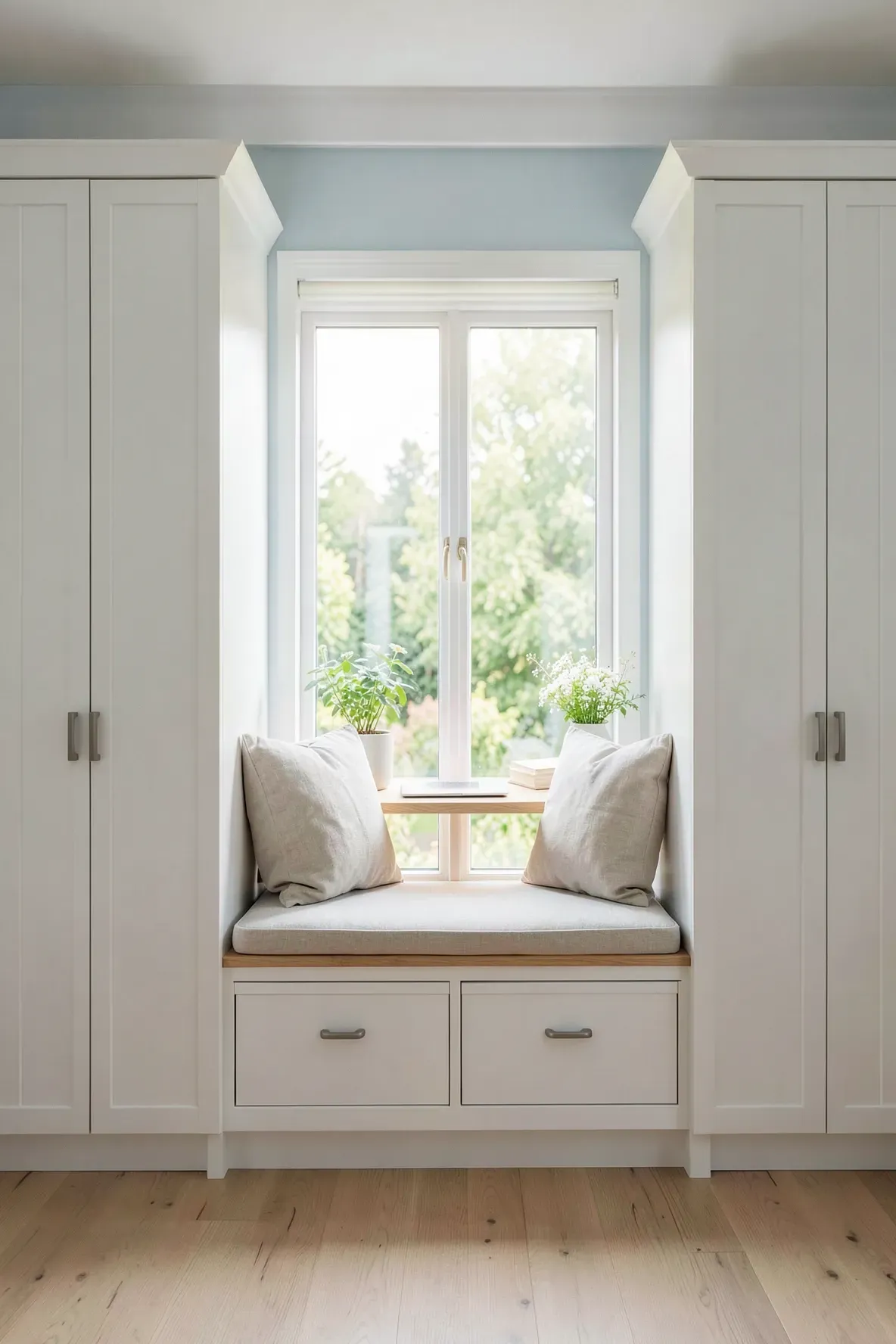 A white built-in wardrobe framing a window with an integrated wooden window seat and desk.