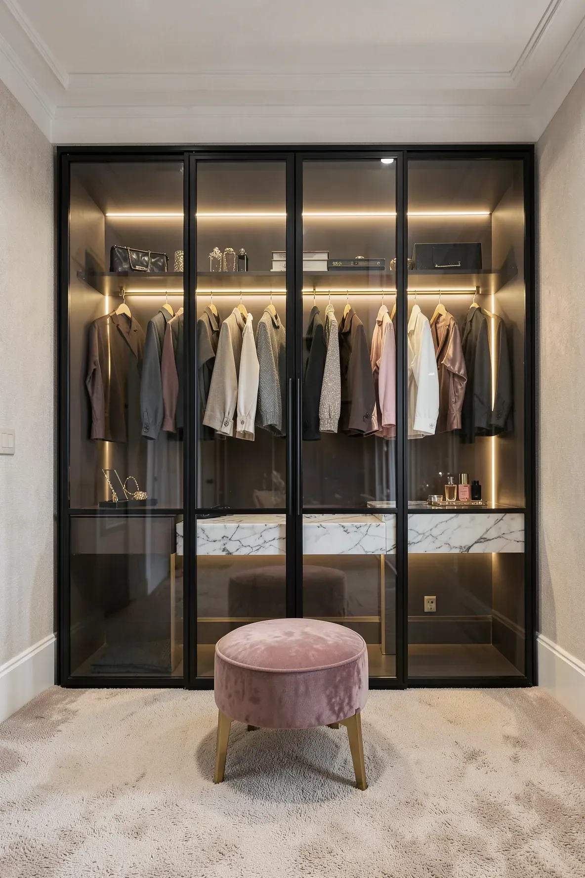A luxury wardrobe with smoked glass doors, internal lighting, and a marble-topped vanity desk.
