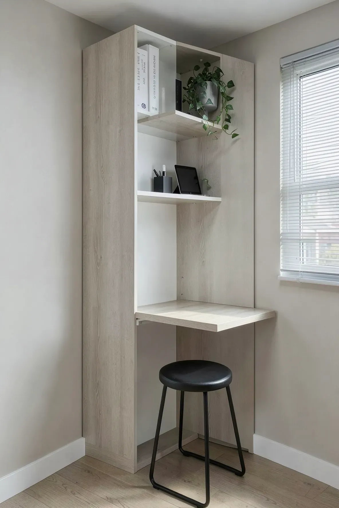 A tall, narrow built-in wardrobe with a slim integrated desk in a small bedroom corner.