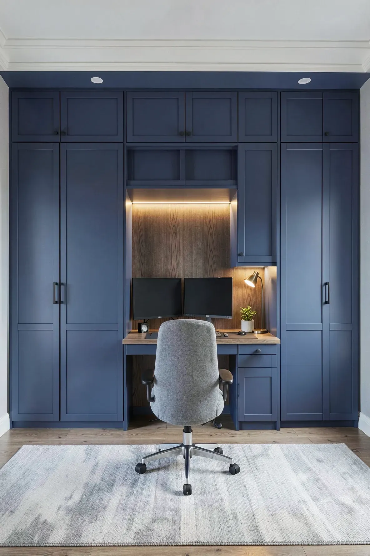 A full wall of navy blue wardrobes with a central wood-lined desk nook and task lighting.