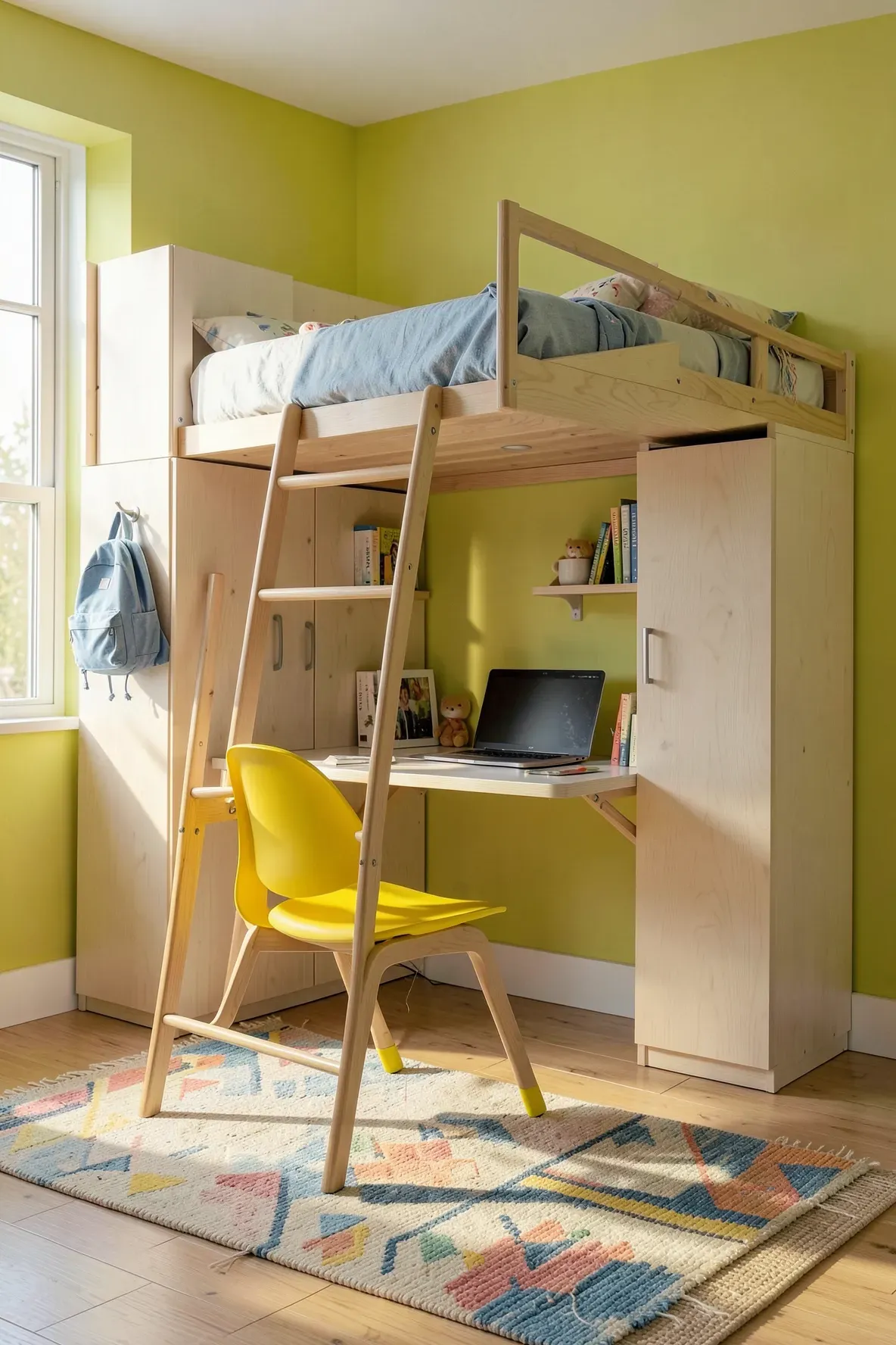 A custom loft bed system featuring a built-in wardrobe and a desk area underneath.