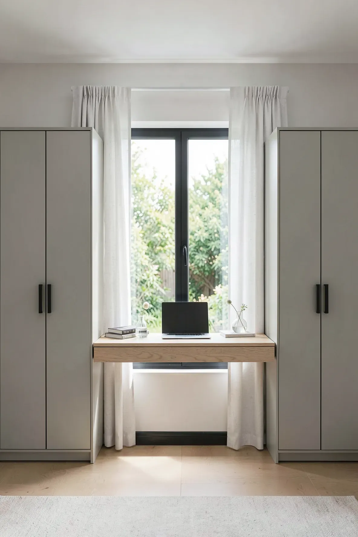 Two greige wardrobes flanking a window with a floating oak desk bridge in a balanced bedroom.